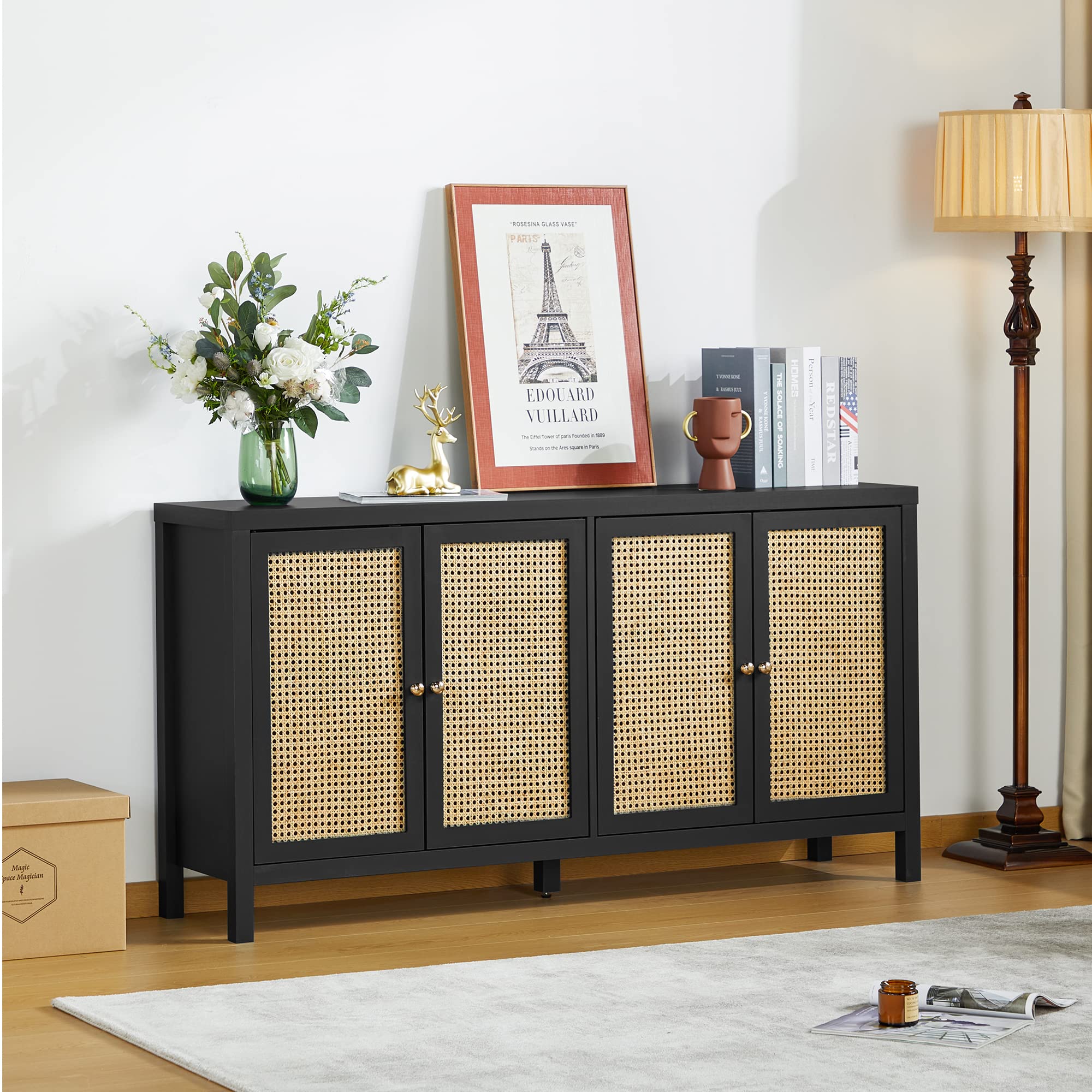 QHITTY 4-Door Rattan Sideboard Buffet Cabinet with Adjustable Shelves - Storage Console Table for Kitchen, Dining Room, Living Room & Hallway - Perfect for Organizing Dishes, Linens & Home Decor (Black)