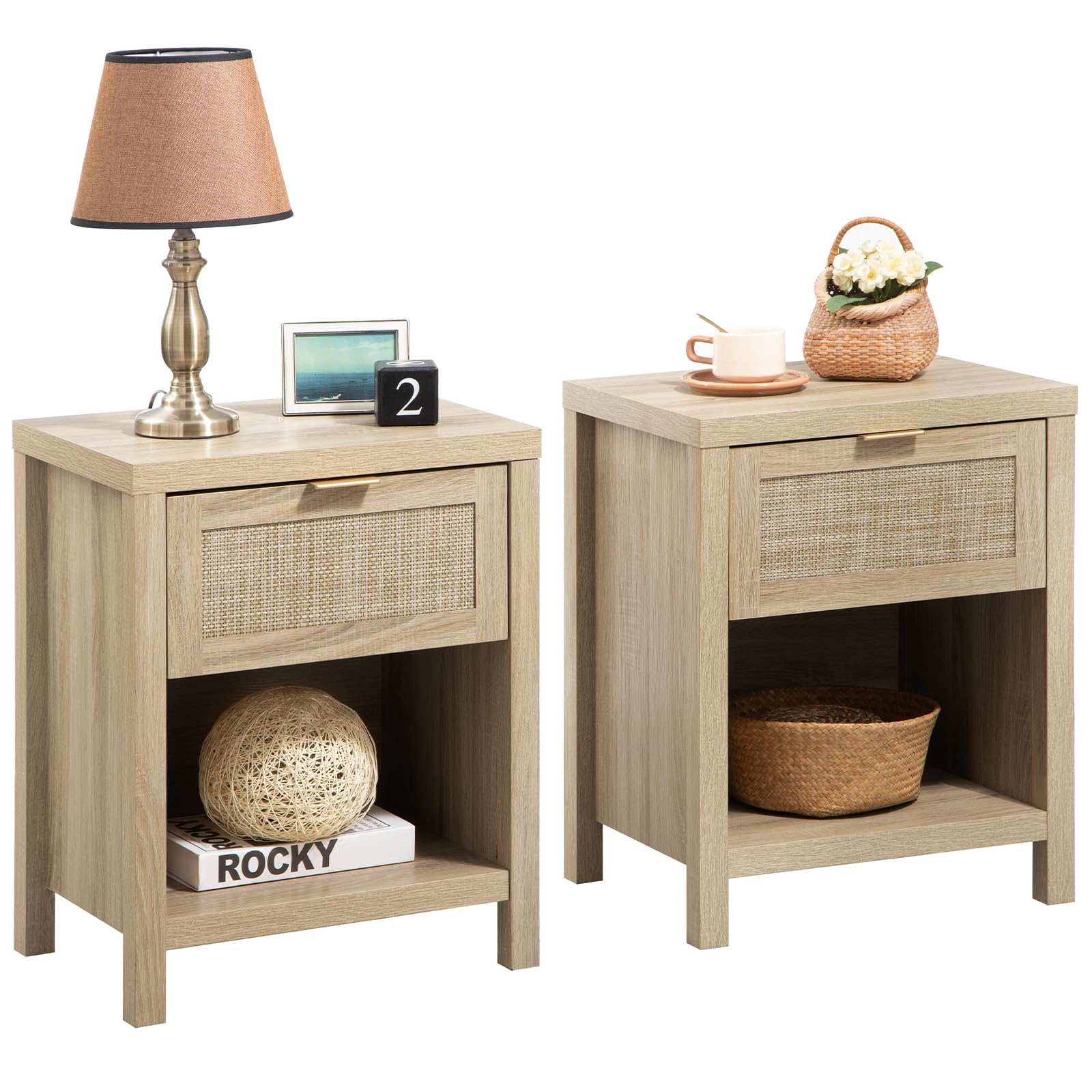SICOTAS Rattan Nightstands Set of 2 - Farmhouse Style Bedside Tables with Drawer & Storage Shelf, Light Oak Wood End Tables for Bedroom - Perfect for Boho, Cottage & Rustic Home Decor (Use in Guest Rooms, Master Bedrooms or Living Room Side Tables)