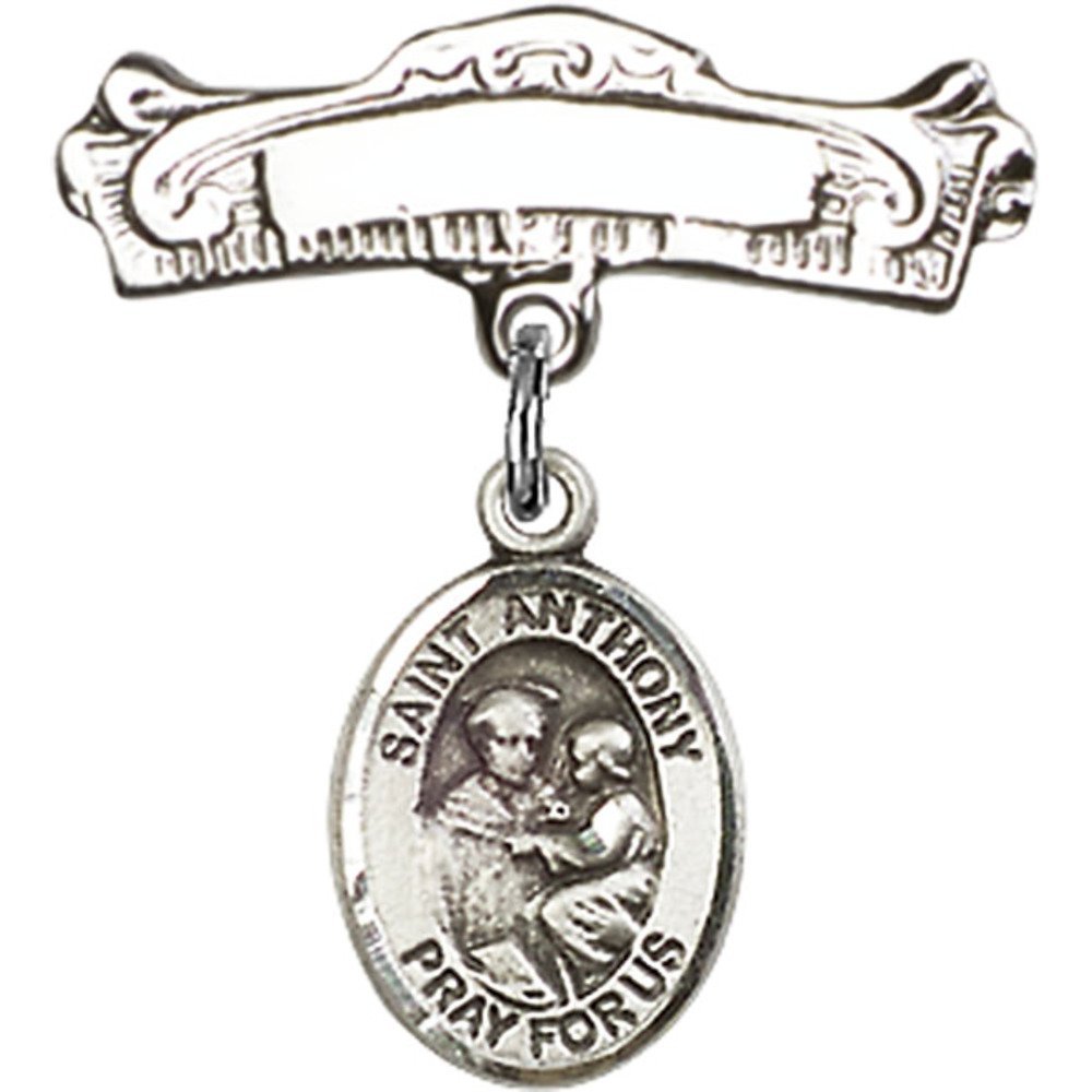 St. Anthony of Padua Sterling Silver Baby Badge with Charm - 7/8 X 7/8 Inch Arched Polished Pin - Perfect for Christening Gifts, Baby Blessings & Religious Jewelry Collections