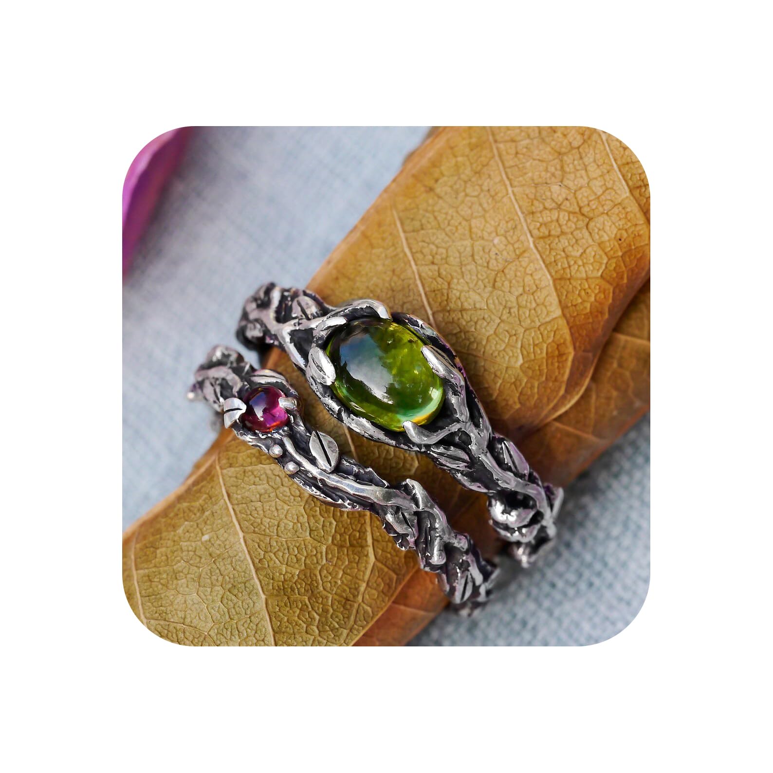 Set of 2 Vita + Band Engagement Rings - Custom Made Chrysolite & Tourmaline Wedding Ring Set, Twig Design Stackable Rings for Women | Perfect for Proposals, Anniversaries & Everyday Wear