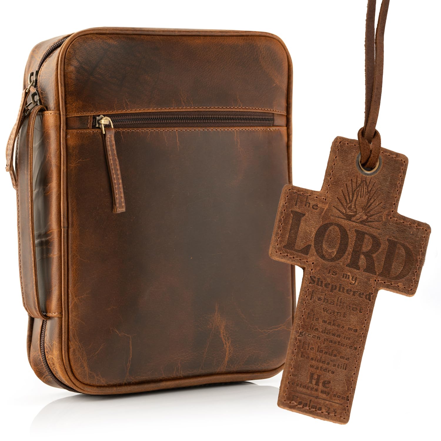 ELIZO Genuine Leather Bible Cover for Men & Women - Large Zippered Book Cover with Bookmark - Church Bag & Religious Gift for Bible Study, Travel & Worship
