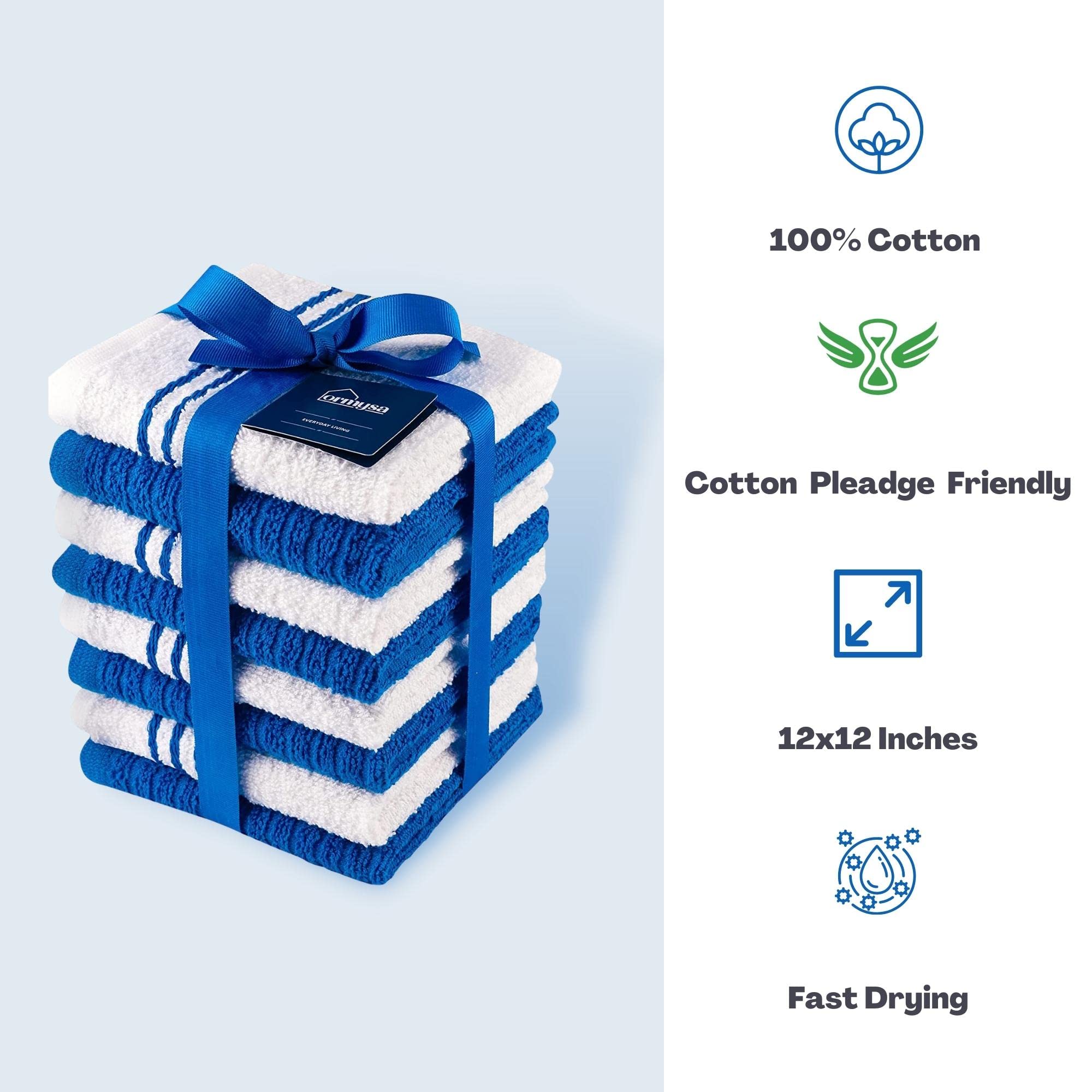 8 Pack Super Soft Quick Dry Dish Cloths - 12x12 Inch Highly Absorbent Kitchen Dish Towels for Washing Dishes (Blue & White) | Perfect for Daily Dish Cleaning, Counter Wiping & Household Chores