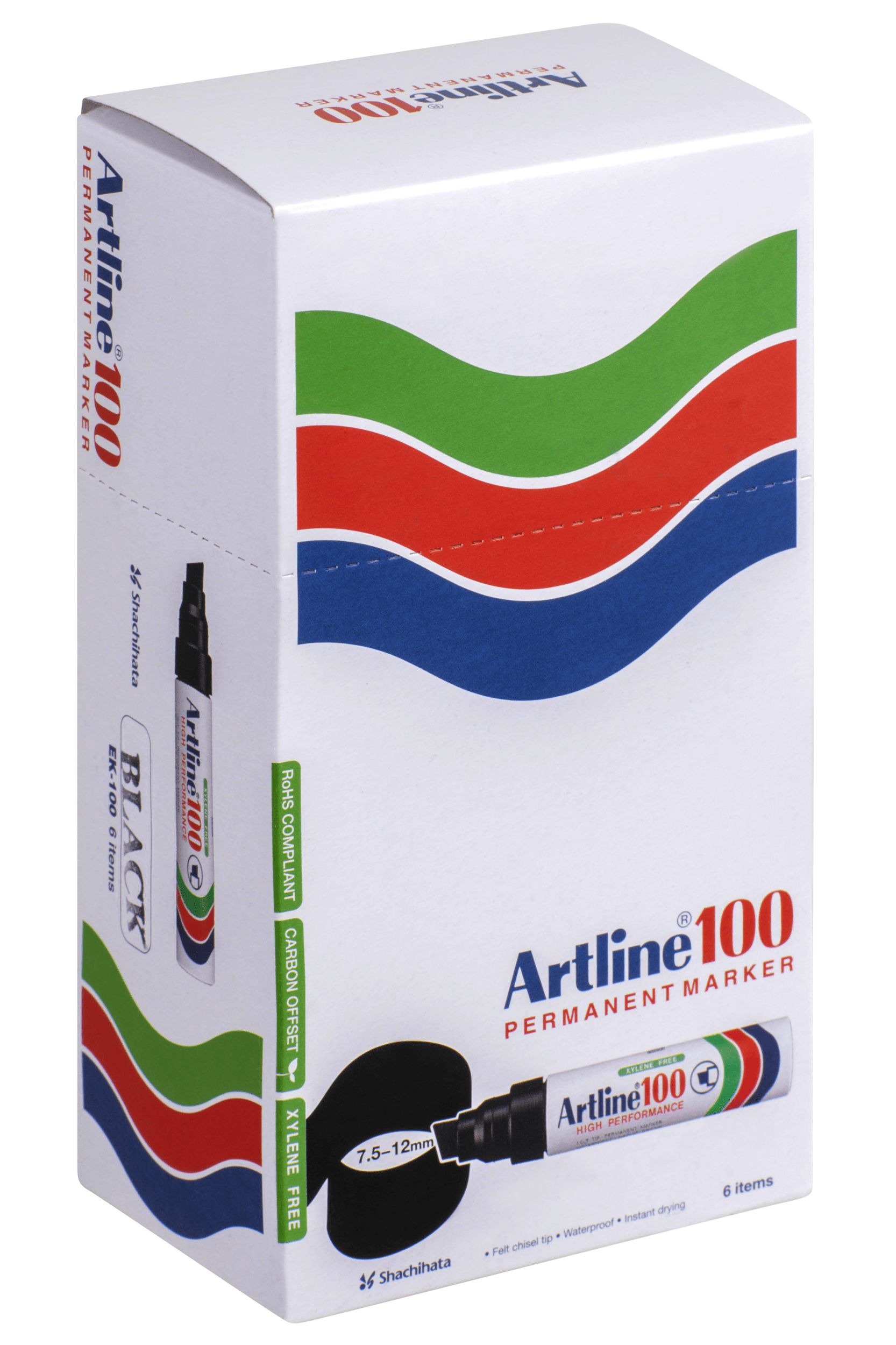 Artline 100 Permanent Marker Chisel Tip Black - 6 Pack Set for Office, Home & Industrial Use - Waterproof & Fade-Resistant Writing on Paper, Plastic, Metal & Wood Surfaces