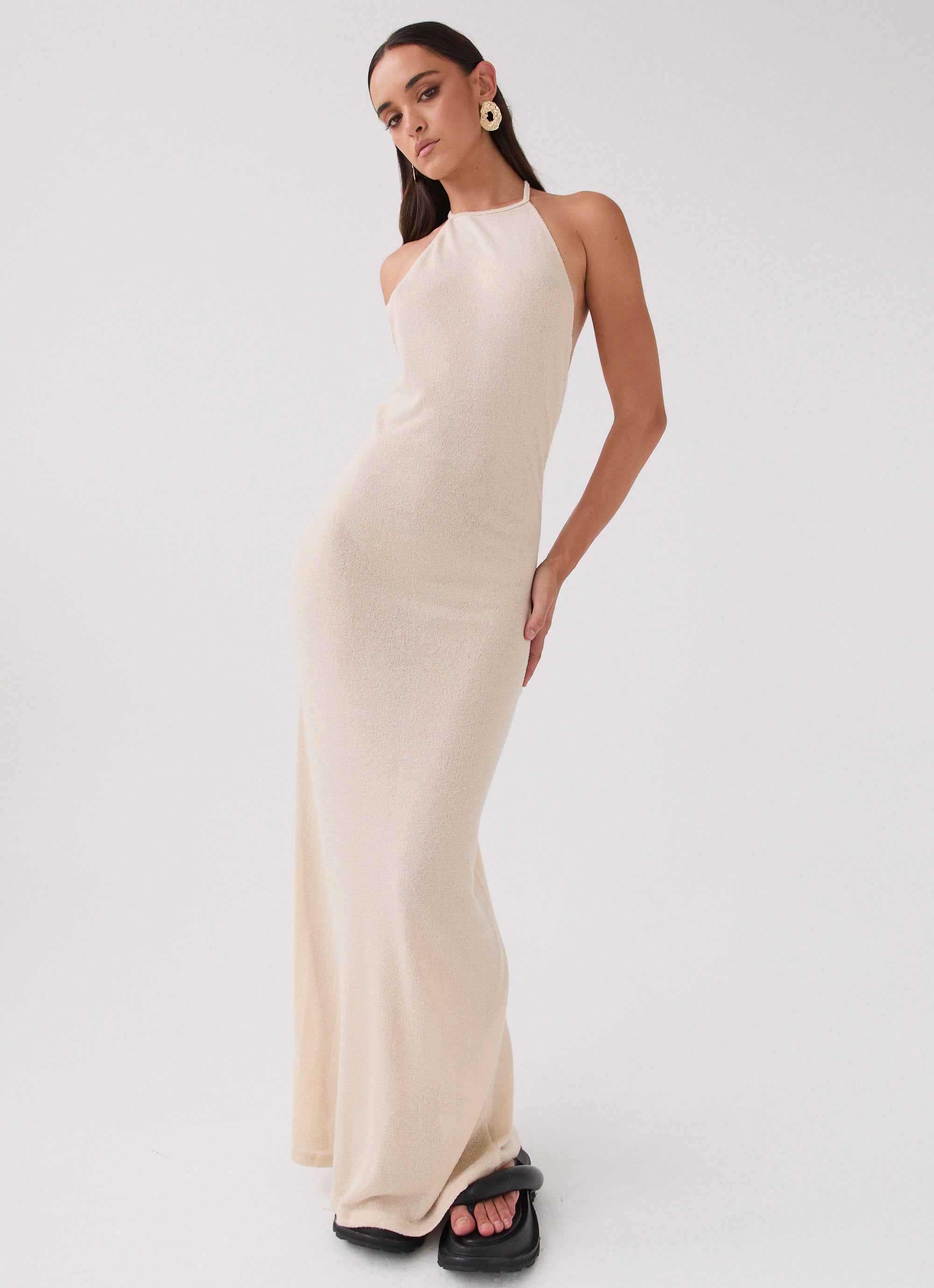 Here With Me Knit Maxi Dress in Sand - Elegant Long Sleeve Boho Dress for Women, Perfect for Fall Weddings, Date Nights & Beach Vacations