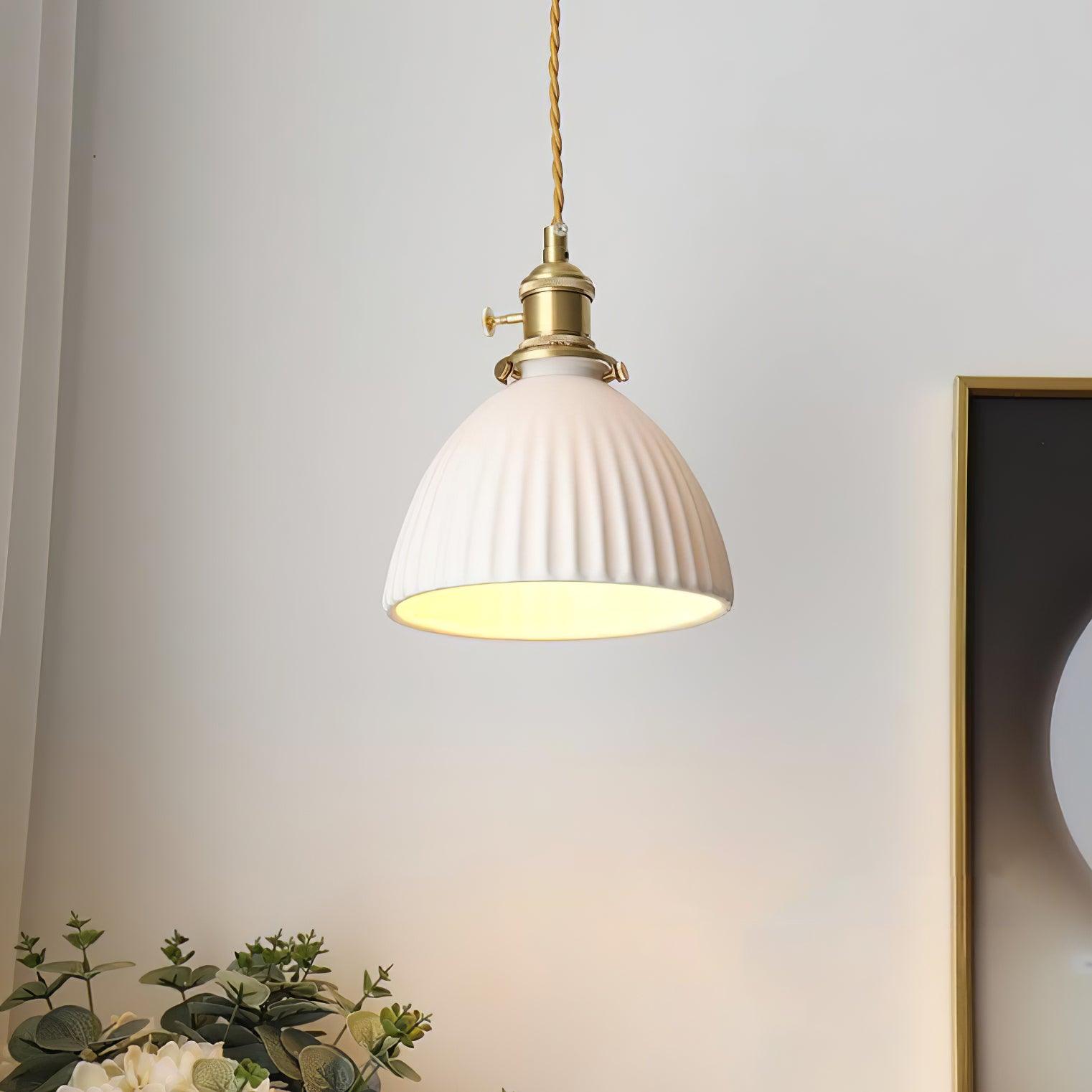 Vintage Brass Pleated Ceramic Pendant Light - Elegant Ceiling Lamp for Dining Room, Kitchen Island & Bedroom Lighting