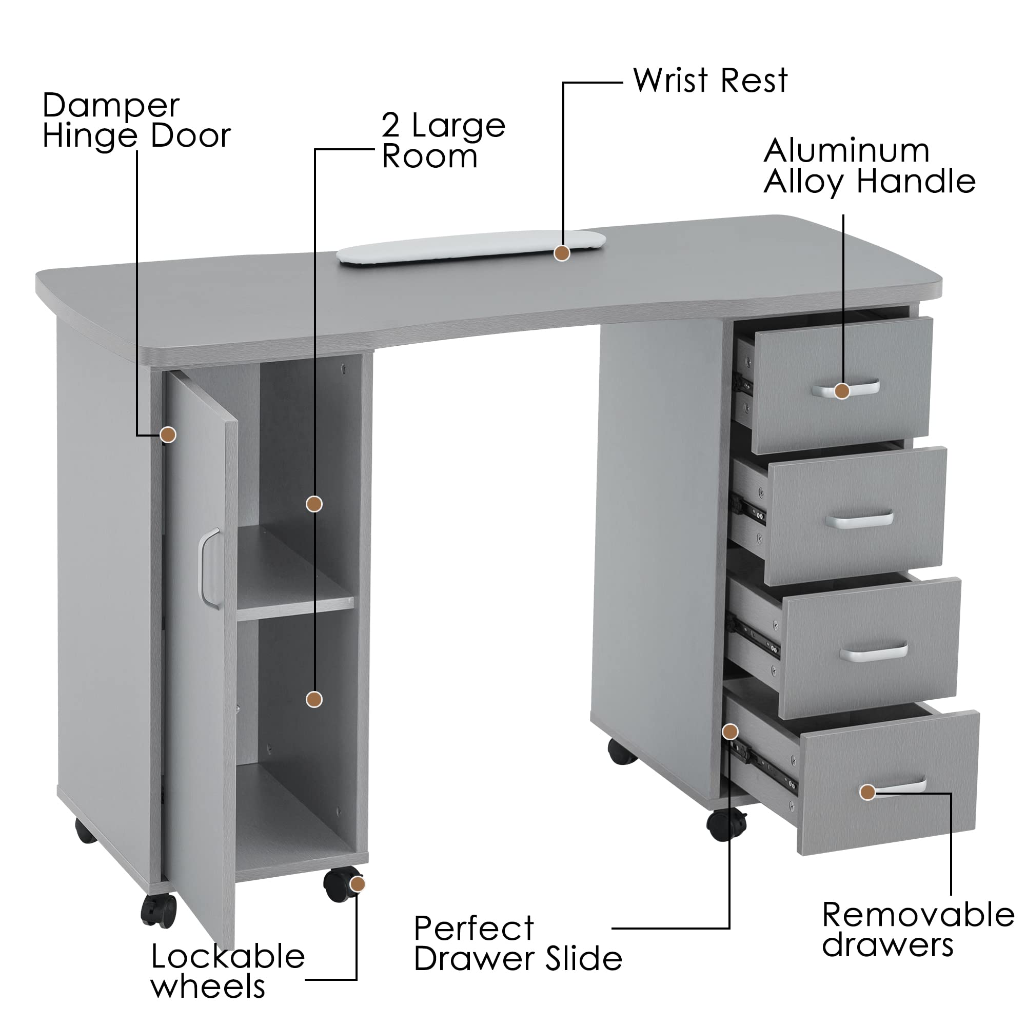 Professional Manicure Table for Nail Technicians - Acetone-Resistant Nail Desk with 4 Drawers, 2 Cabinets & Lockable Wheels - Salon-Grade Beauty Station with Wrist Pad (Silver 0611) - Perfect for Nail Salons, Home Studios & Mobile Nail Services