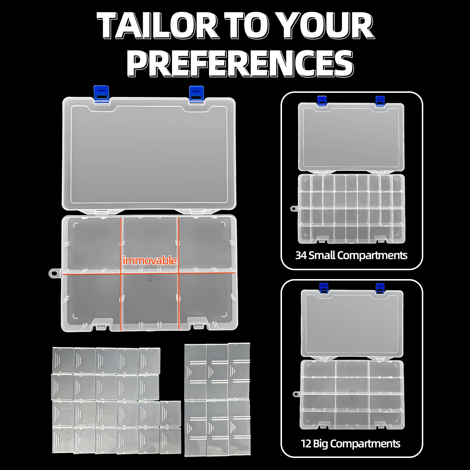 DUOFIRE 34-Grid Plastic Storage Organizer Box with Adjustable Dividers - Jewelry Beads, Earrings, Fishing Hooks & Small Accessories Container (White, Set of 4) - Perfect for Crafting, DIY Projects & Home Organization