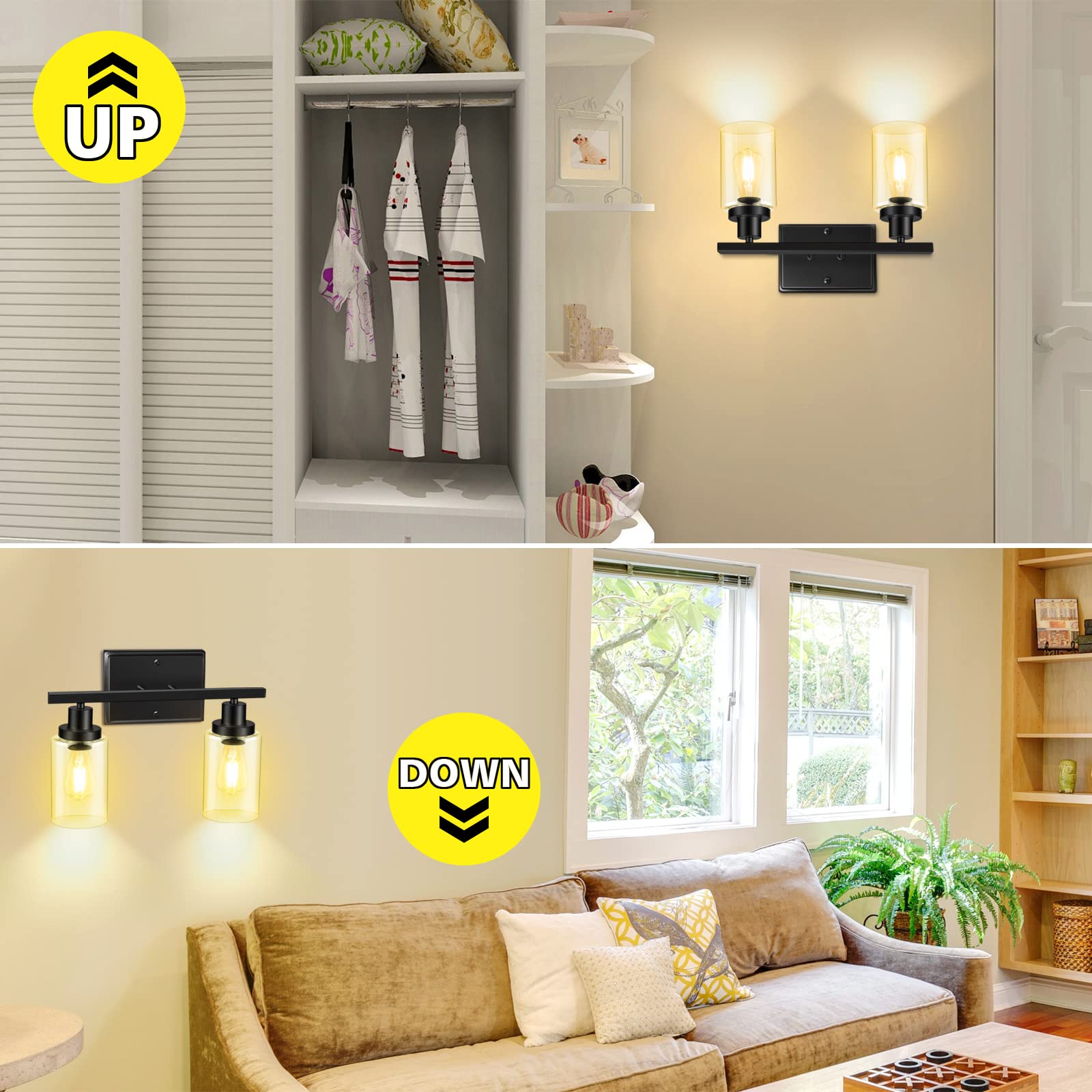 Ascher 2-Light Modern Wall Sconce with Clear Glass Shade - Black Vanity Light Fixture for Bathroom Mirror, Hallway & Bedroom - E26 Base (Bulbs Not Included) - Perfect for Ambient Lighting and Home Decor