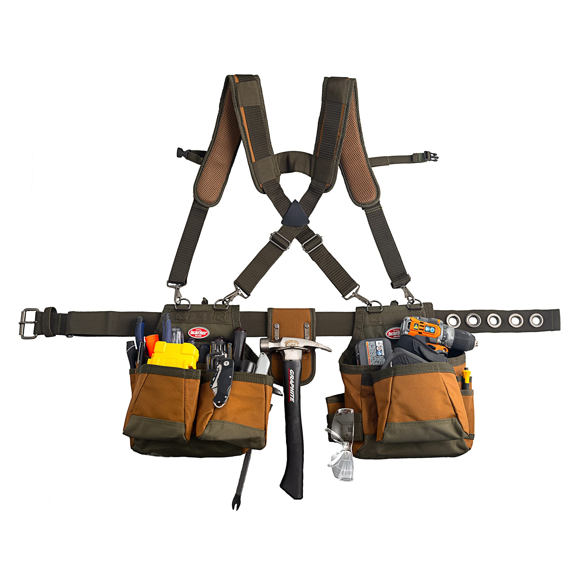Bucket Boss AirLift Tool Belt with Suspenders - 52 Inch Brown Work Belt for Carpenters & SWANSON S0101 7 Inch Blue Speed Square - Durable Construction Tools for Woodworking, Roofing & DIY Projects