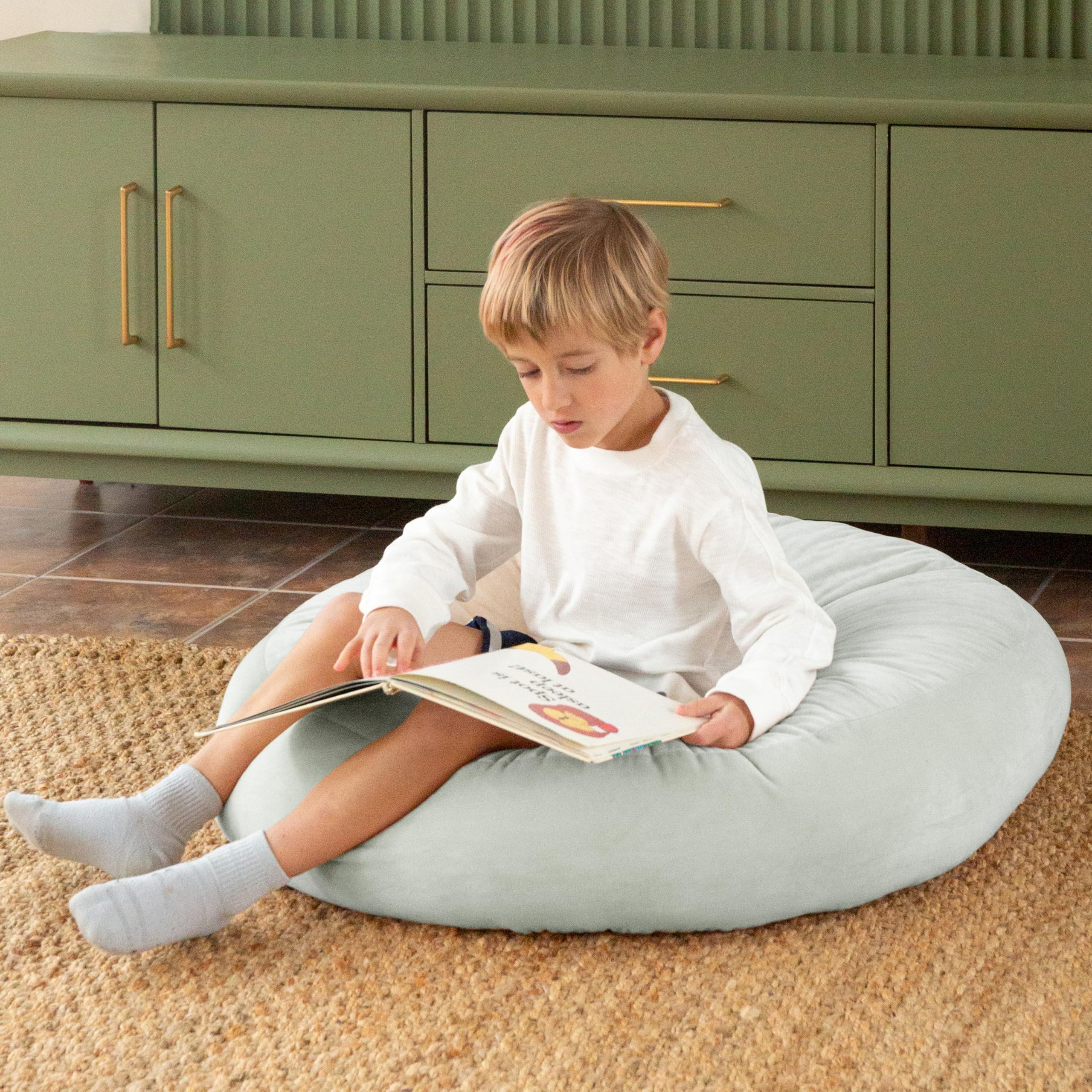32 Inch Soft Blue Round Floor Cushion for Kids - Large Classroom Pillow, Throw Pillow, Decorative Lounger for Reading Nook, Playroom, and Bedroom