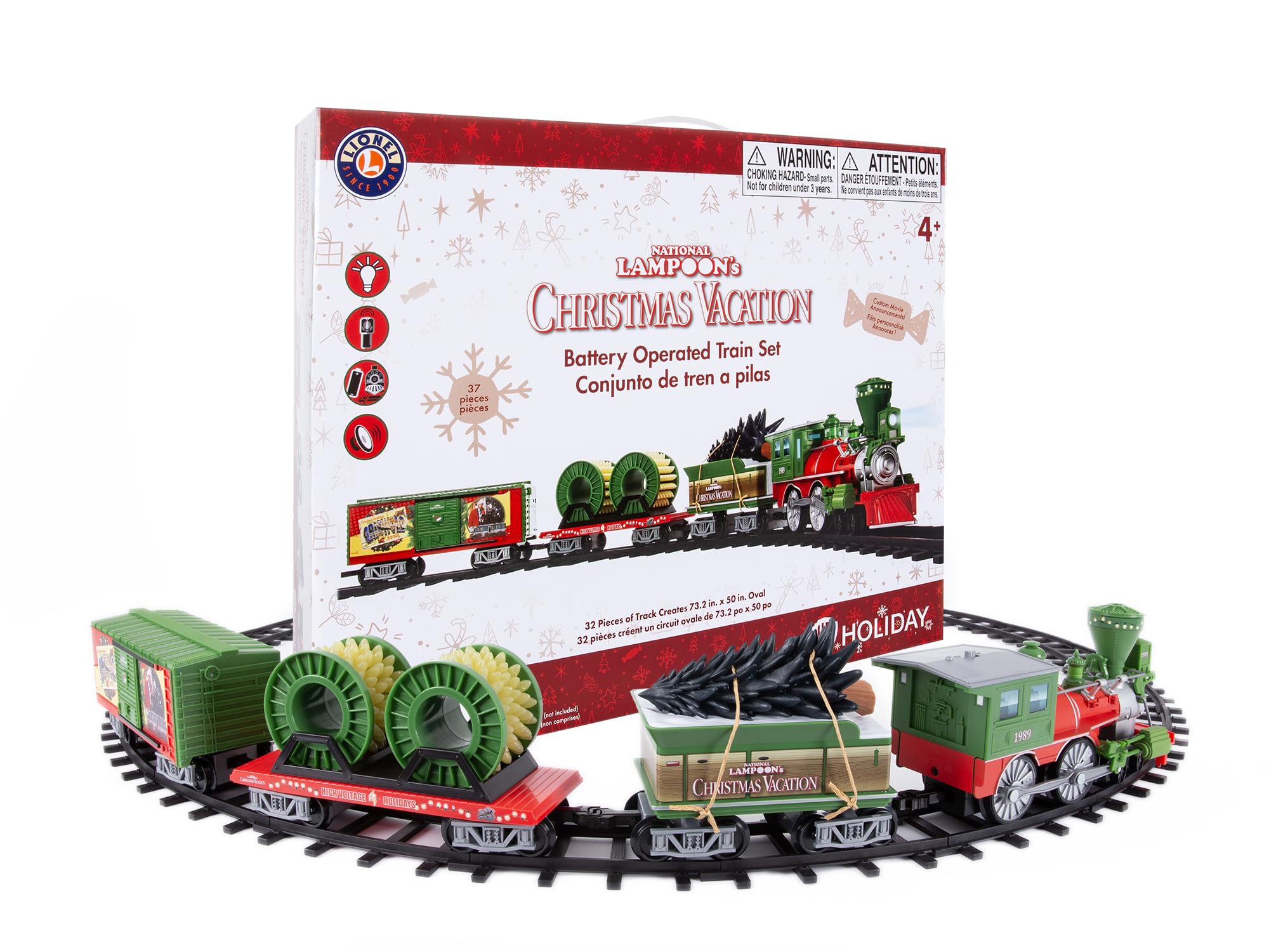 Lionel Battery-Powered Christmas Toy Train Set with Locomotive, 4 Train Cars, 8-Piece Track & Wireless Remote - Realistic Train Sounds & LED Lights for Kids Ages 4+ | Holiday Decor, Gift for Boys & Girls, Christmas Tree Display