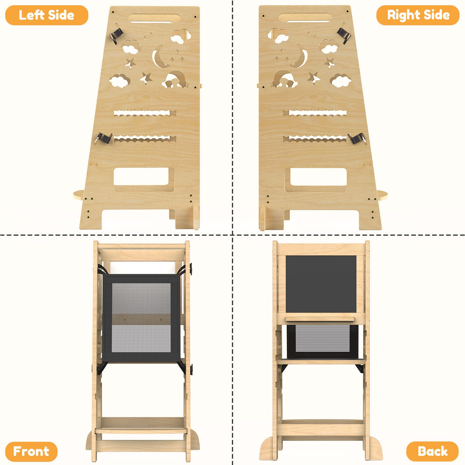 Natural Wood Adjustable Height Toddler Tower with Safety Rail - Montessori Learning Step Stool for Kids, Perfect for Kitchen Counter & Bathroom Use, Ideal for Cooking, Baking & Handwashing Activities