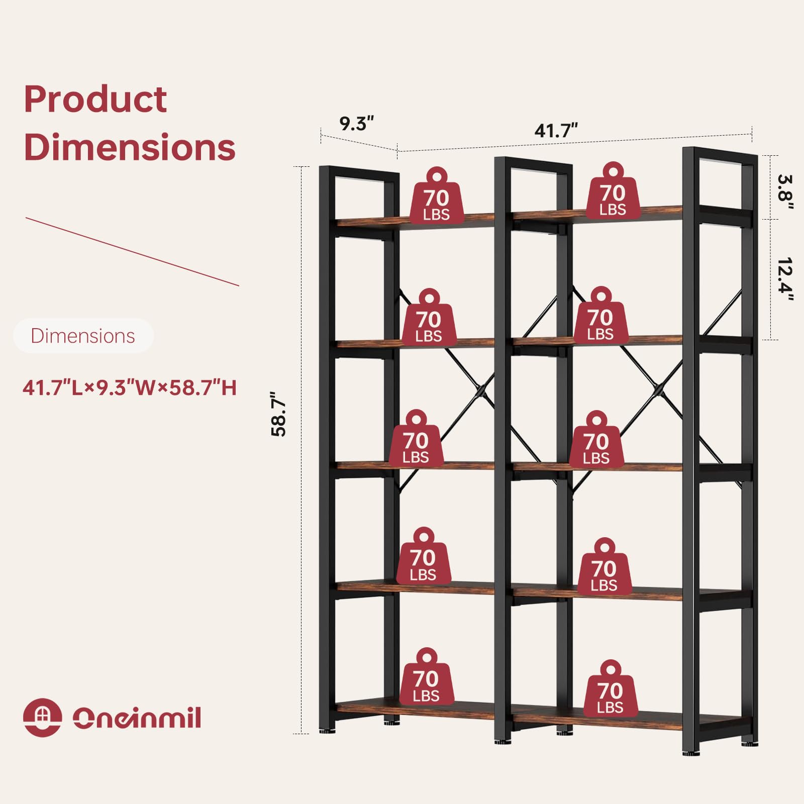 5-Tier Industrial Bookshelf - 58.7