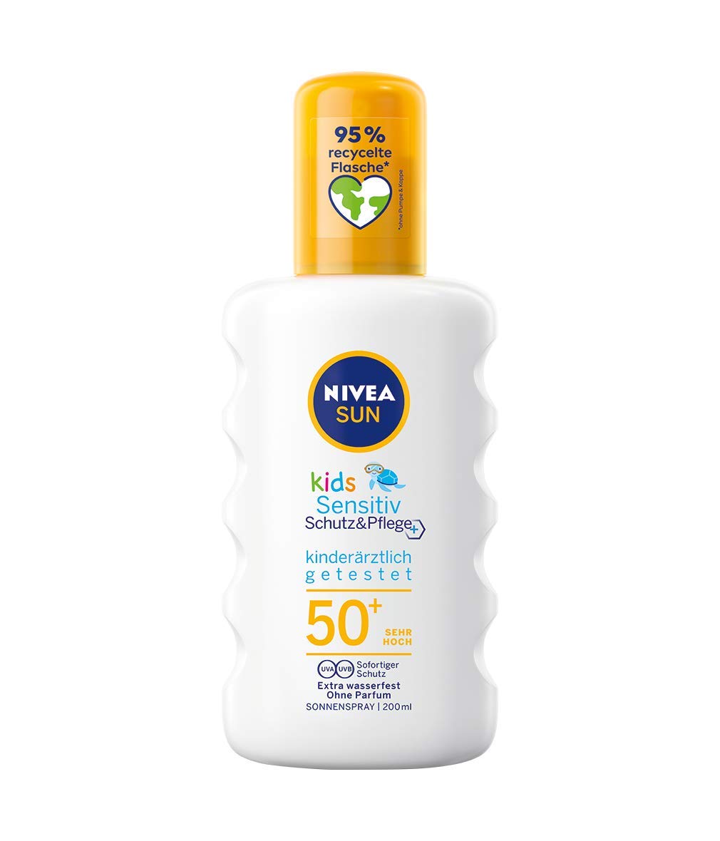 NIVEA SUN Kids Sensitive Protection & Care Sun Spray SPF 50+ (200ml + Travel Size 50ml) - Waterproof Sunscreen for Sensitive Children's Skin - Perfect for Beach, Pool & Outdoor Activities