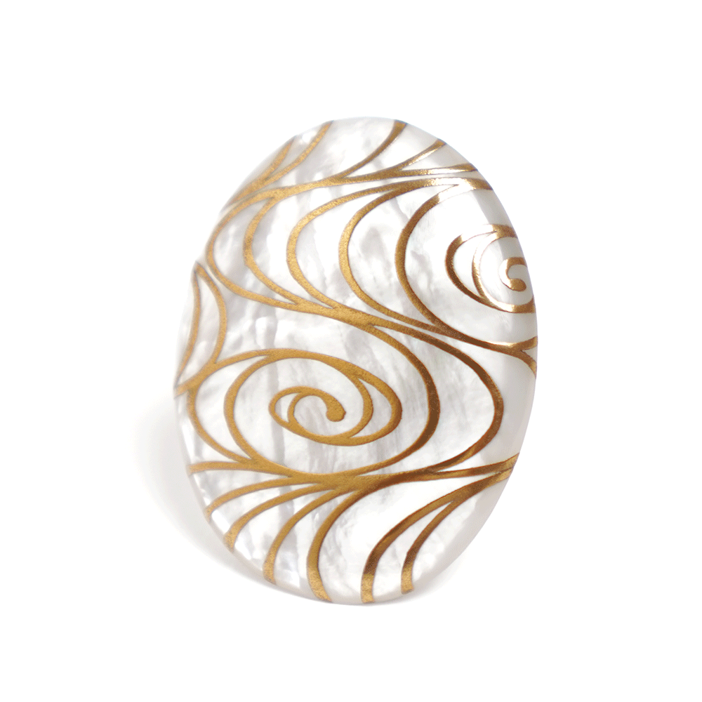 Handcrafted Maki-e Urushi Lacquer Brooch with White South Sea Pearl Shell - Flowing Water Design - Traditional Japanese Lacquer Jewelry for Women - Perfect for Weddings, Parties & Special Occasions
