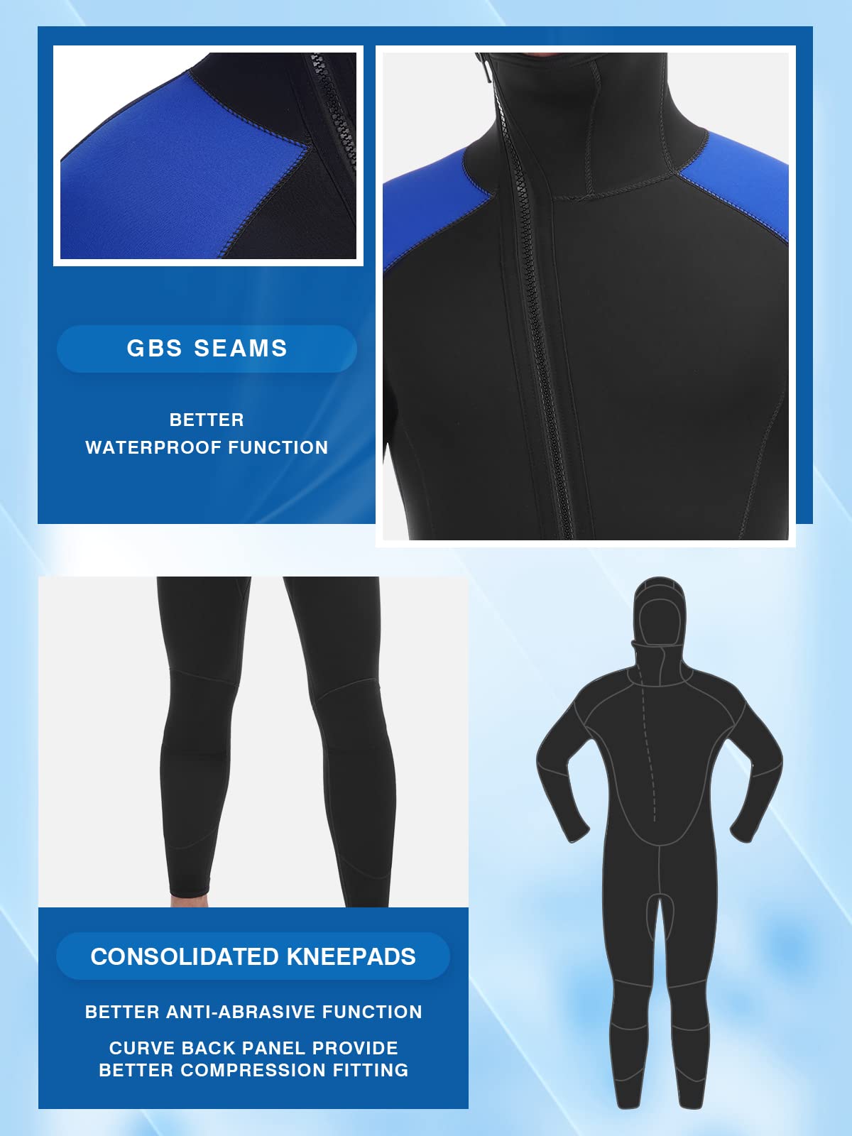 5mm Neoprene Men's Wetsuit with Hood - Full Body One Piece Thermal Spearfishing Suit, Front Zipper for Cold Water Protection - Ideal for Surfing, Swimming, Diving & Snorkeling in Chilly Ocean Waters
