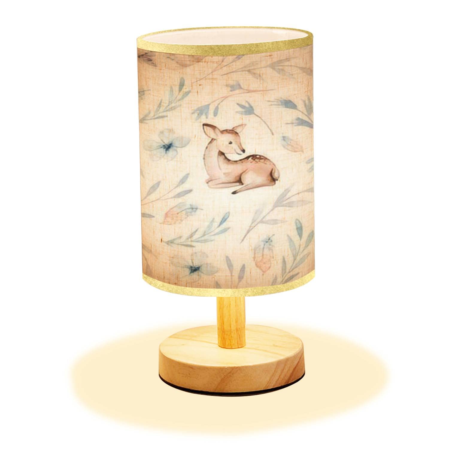 Minimalist Wooden Nightstand Lamp with Cute Baby Deer Design - Flaxen Fabric Shade for Bedroom, Living Room, Nursery & Office - Perfect for Bedside Tables, Desks and Kids' Rooms (Wood Base, Seamless Animal Theme)