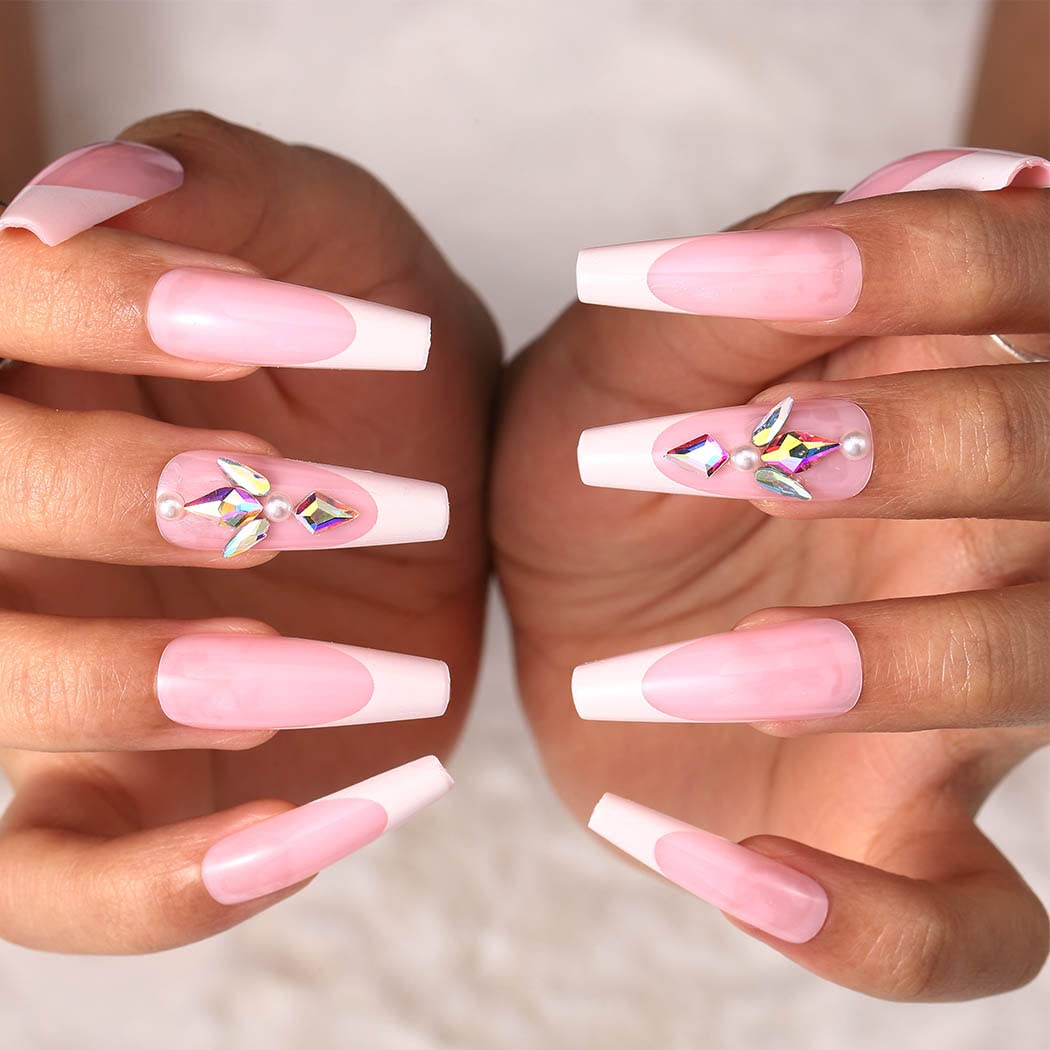 24pcs French Coffin Press-on Nails with Rhinestone Designs - Acrylic Fake Nails for Women & Girls - Ballerina False Nails for Parties, Weddings & Special Occasions