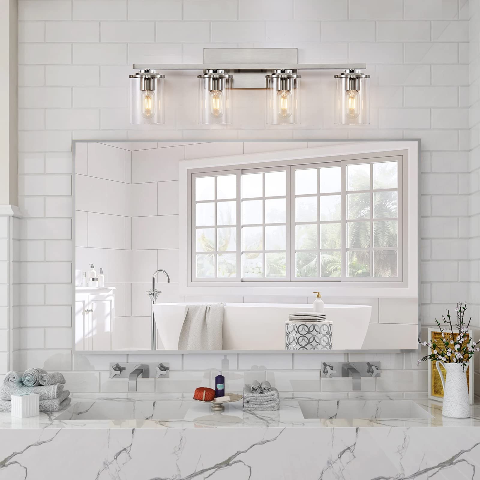 SADENICEL 4-Light Brushed Nickel Bathroom Vanity Lights with Clear Glass Shades - Elegant Wall Sconces for Bathroom Mirror Lighting, Perfect for Modern Home Decor and Spa-Like Ambiance