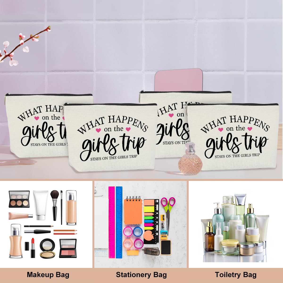 4 Pcs Girls Trip Gifts for Women - Makeup Bag Cosmetic Travel Organizer for Female, Lady, Daughter, Friend, Coworker, Niece - Perfect for Weekend Getaways, Vacation, Christmas & Birthday Presents - Ideal for Bachelorette Parties, Spa Days & Travel Essentials Storage