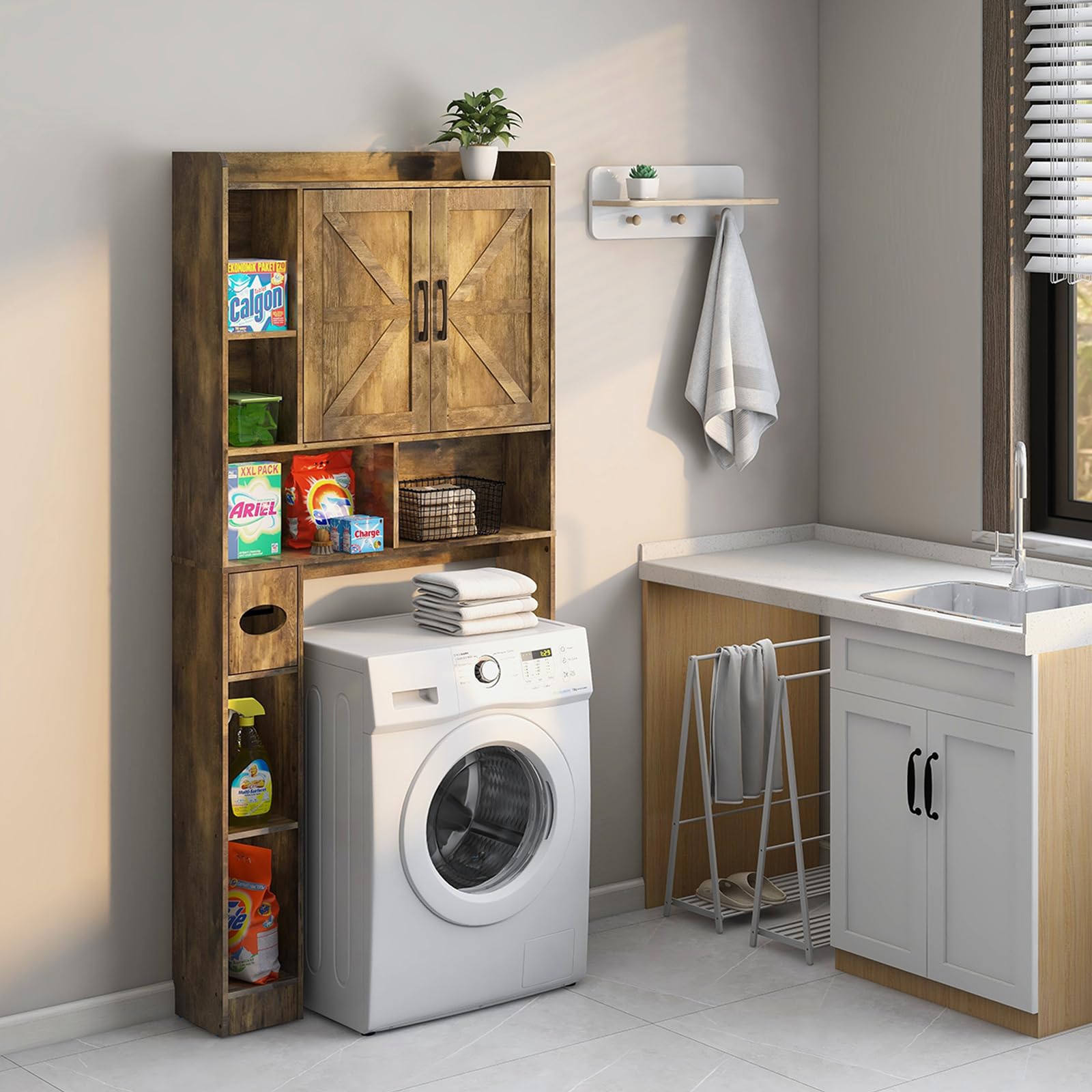 Farmhouse Over The Toilet Storage Cabinet with 2 Barn Doors & Toilet Paper Holder - Space-Saving Bathroom Organizer for Restroom, Laundry, and Small Spaces - Perfect for Towels, Toiletries, and Decorative Storage