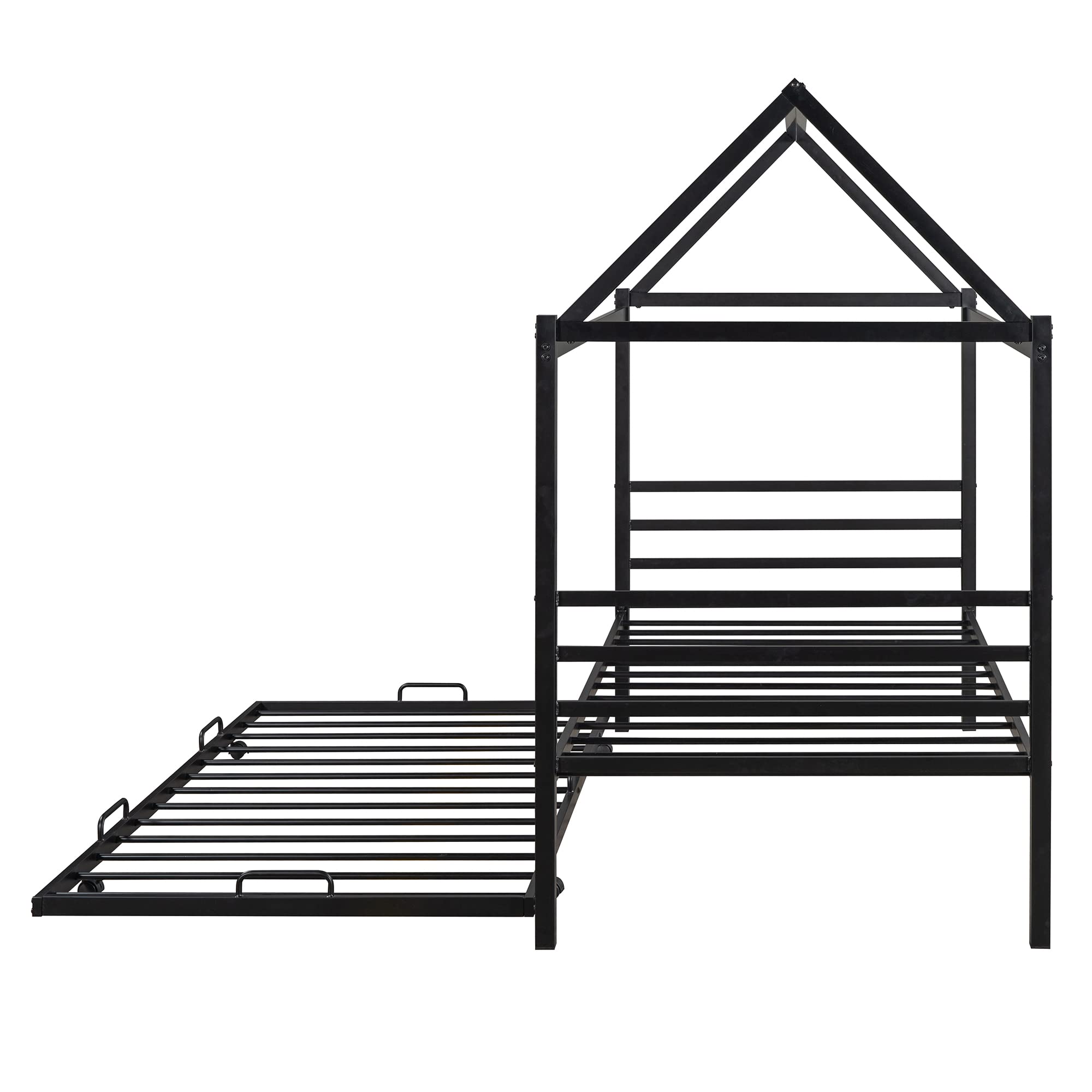 Metal Twin Size House Shaped Bed Frame with Trundle, Headboard & Footboard - Kids Platform Bed for Boys, Girls & Teens (Black) | Perfect for Small Bedrooms, Playrooms & Sleepovers