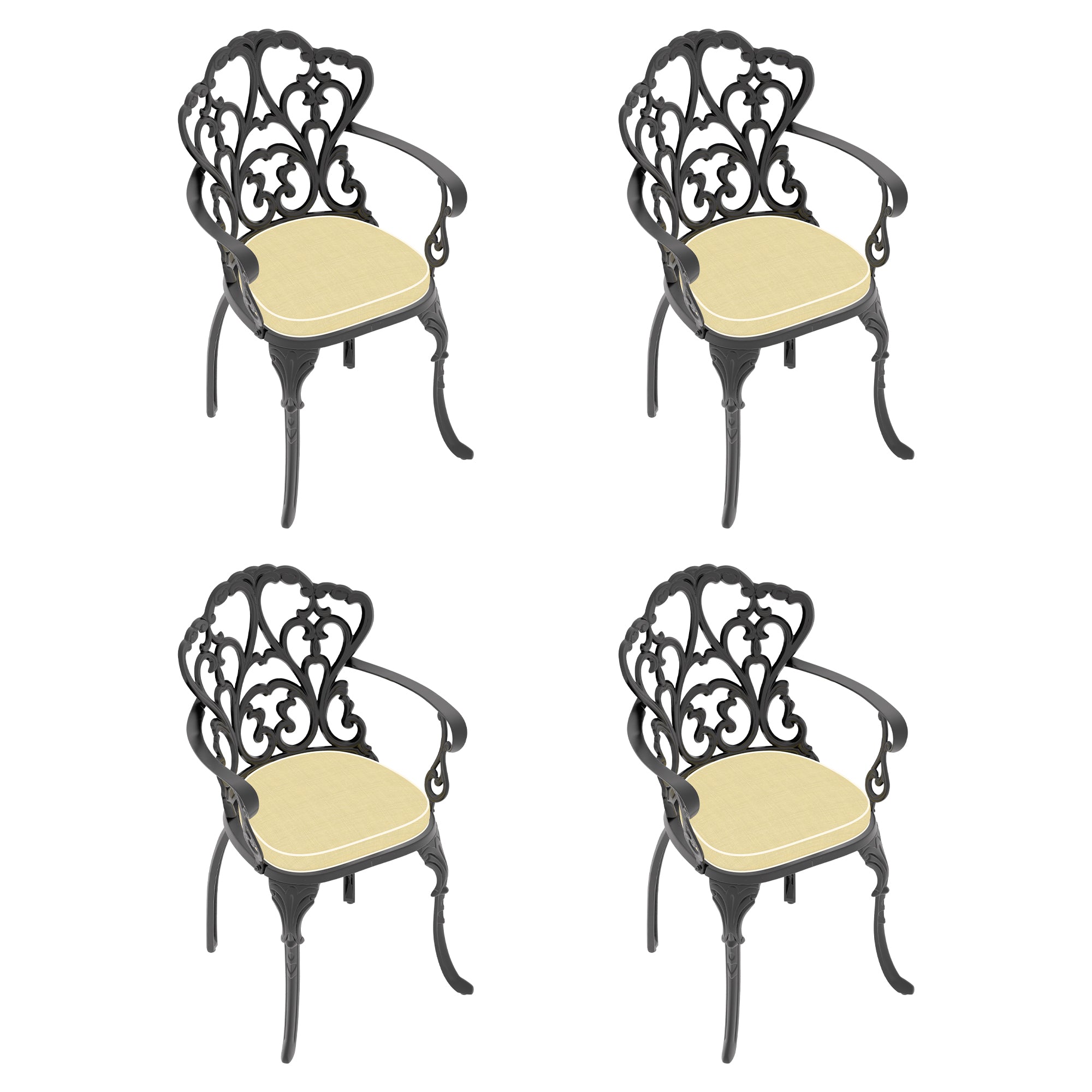 4-Piece Cast Aluminum Patio Dining Chair Set with Black Frame & Cushions - Outdoor Garden, Poolside, Backyard Furniture for Relaxing & Entertaining