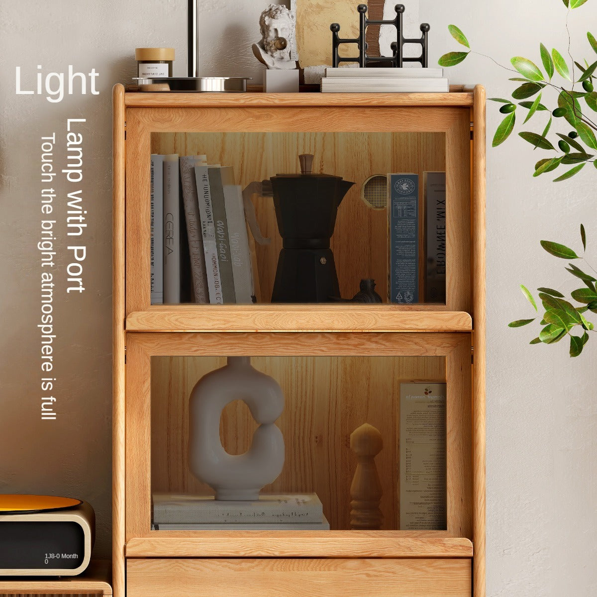 Solid Oak and Ash Wood Flip Door Side Cabinet with LED Lighting - Perfect for Living Room, Bedroom, or Office Storage and Display