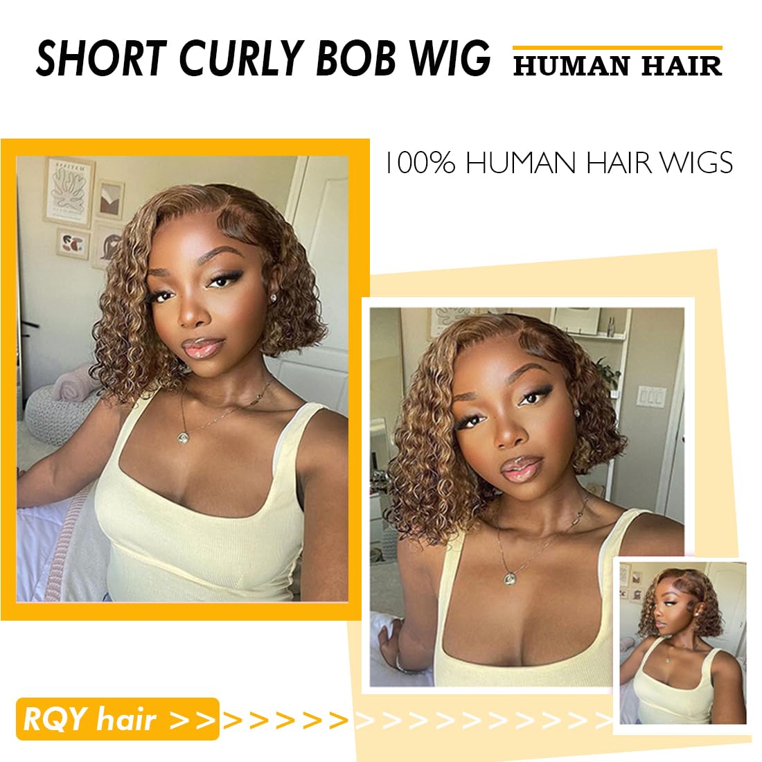 10inch Short Curly Bob Wig Human Hair - Honey Blonde Brown Ombre 150% Density 4x4 Glueless Lace Front Wig for Black Women | Perfect for Daily Wear, Parties & Special Occasions
