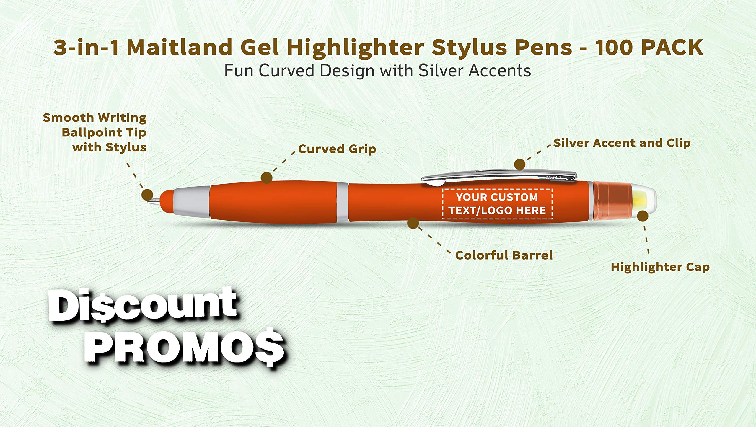 Personalized Smooth Writing Maitland Gel Highlighter Stylus Pens - 100 Pack Bulk Set - Custom Text & Logo - Orange Highlighters for Office, School, Note Taking & Book Marking