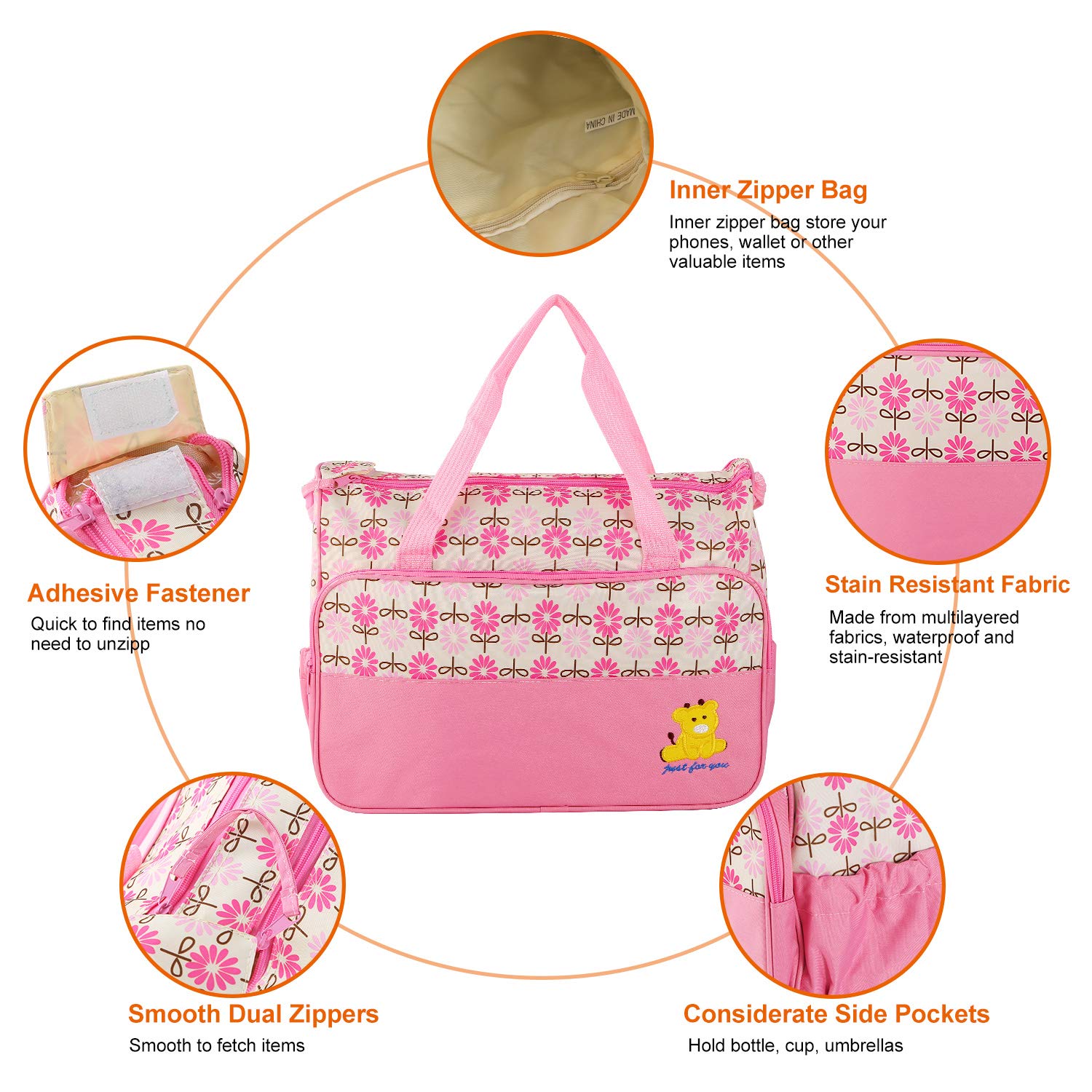 5PCS Waterproof Diaper Bag Set for Baby Essentials – Large Maternity Tote with Bottle Holder, Food Pouch & Changing Pad for Moms (Pink) | Perfect for Travel, Daycare & On-the-Go Parenting