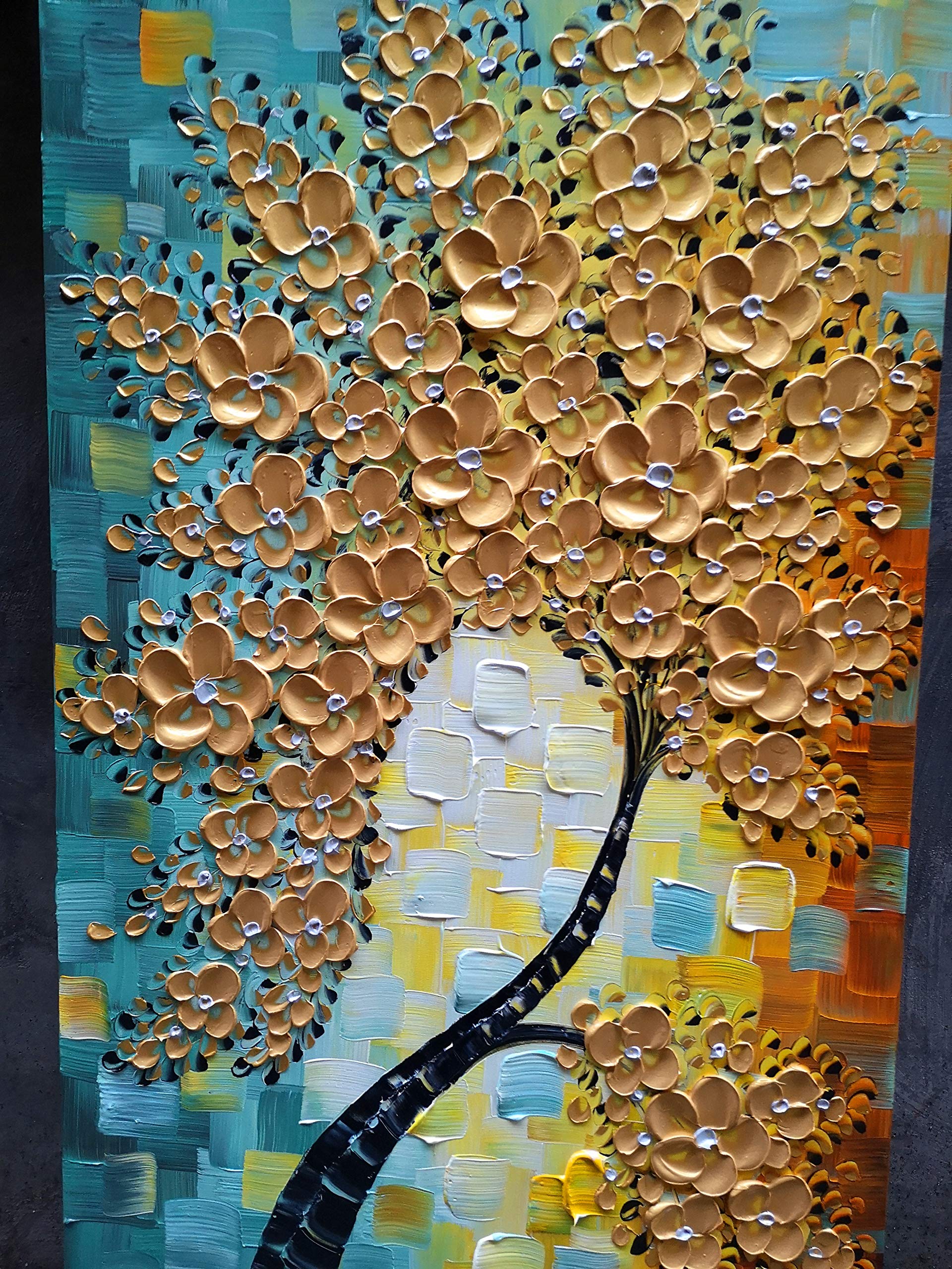 YaSheng Art - 3D Abstract Tree Oil Painting on Canvas with Golden Flowers, Modern Textured Wall Art for Living Room & Bedroom Decor, Ready to Hang (24x48 Inches) - Perfect for Home, Office & Gift Giving