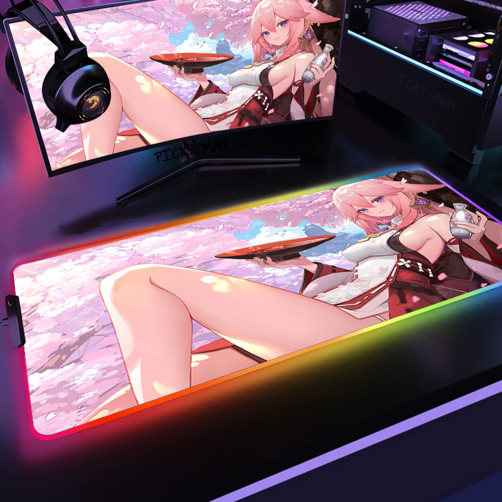 Genshin Impact Yae Sakura LED RGB Gaming Mouse Pad - 19.7x47 Inch Large Extended Mouse Mat with Stitched Edges for PC, Computer & Keyboard - Anime Gaming Desk Mat for Gamers (Pink) | Perfect for Esports, Streaming & Office Work
