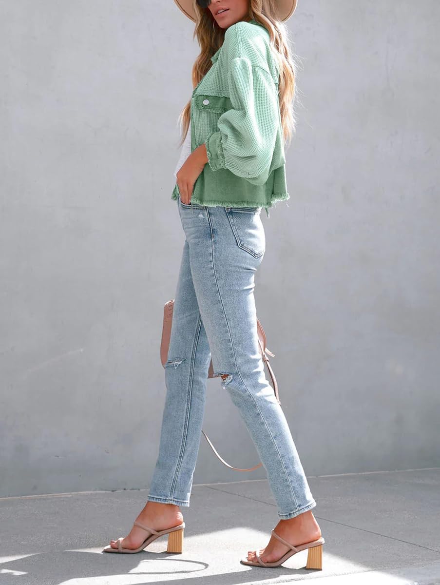 Women's Cropped Waffle Knit Jacket - Boyfriend Style Button Down Shacket Top for Casual Outfits & Layering | Perfect for Fall, Spring & Cozy Date Nights