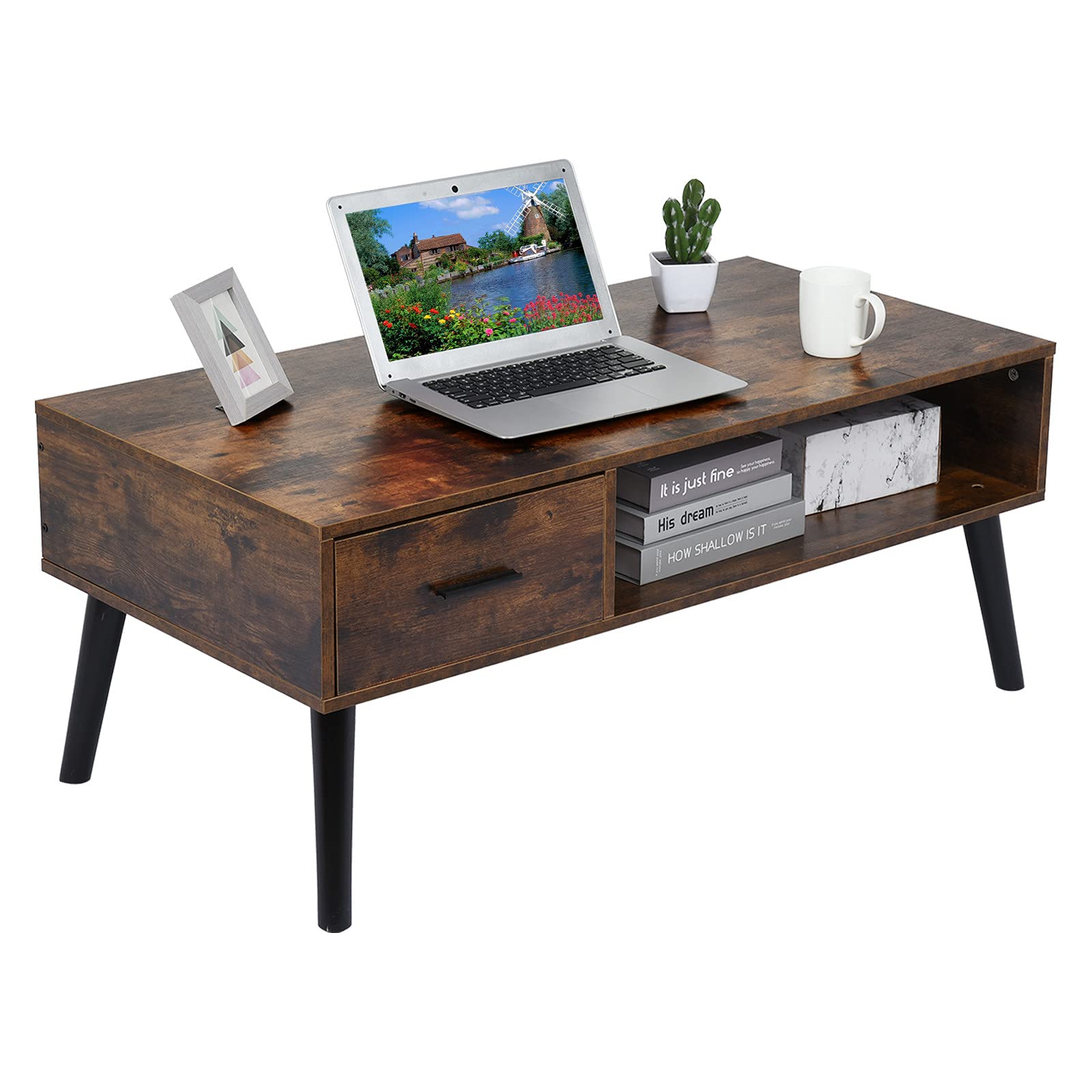 Vintage Mid-Century Modern Coffee Table with Storage Shelf & Cabinet - Easy Assembly Living Room Furniture for Home Office & Reception Areas (Black) | Compact Design with Hidden Compartment & Tabletop Storage Bag | Perfect for Small Spaces, Apartments & Cozy Living Rooms