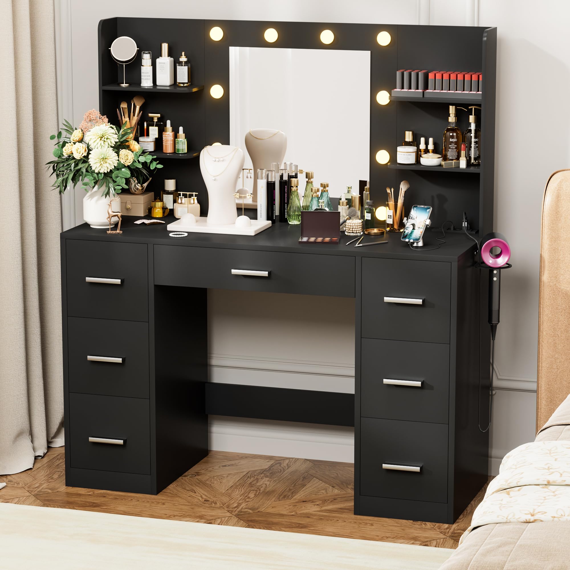 VICTONE Vanity Desk with LED Lighted Mirror & Power Outlet - 3 Lighting Modes Makeup Vanity Table with 7 Drawers & 6 Storage Shelves for Bedroom, Dressing Room & Beauty Salon (Black) - Perfect for Makeup Application, Skincare Routine & Home Decor
