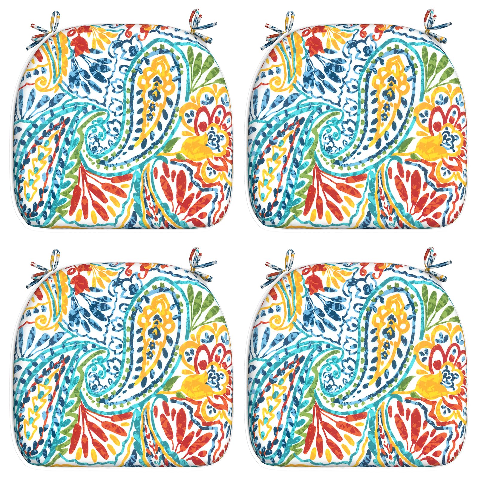 LVTXIII 4-Pack Indoor/Outdoor Chair Cushions with Ties - 16x17 Inch Paisley Multi-Color Patio Seat Pads for Garden, Home & Office Decor - Weather-Resistant Furniture Cushions for Dining Chairs, Lounge Chairs & Outdoor Seating