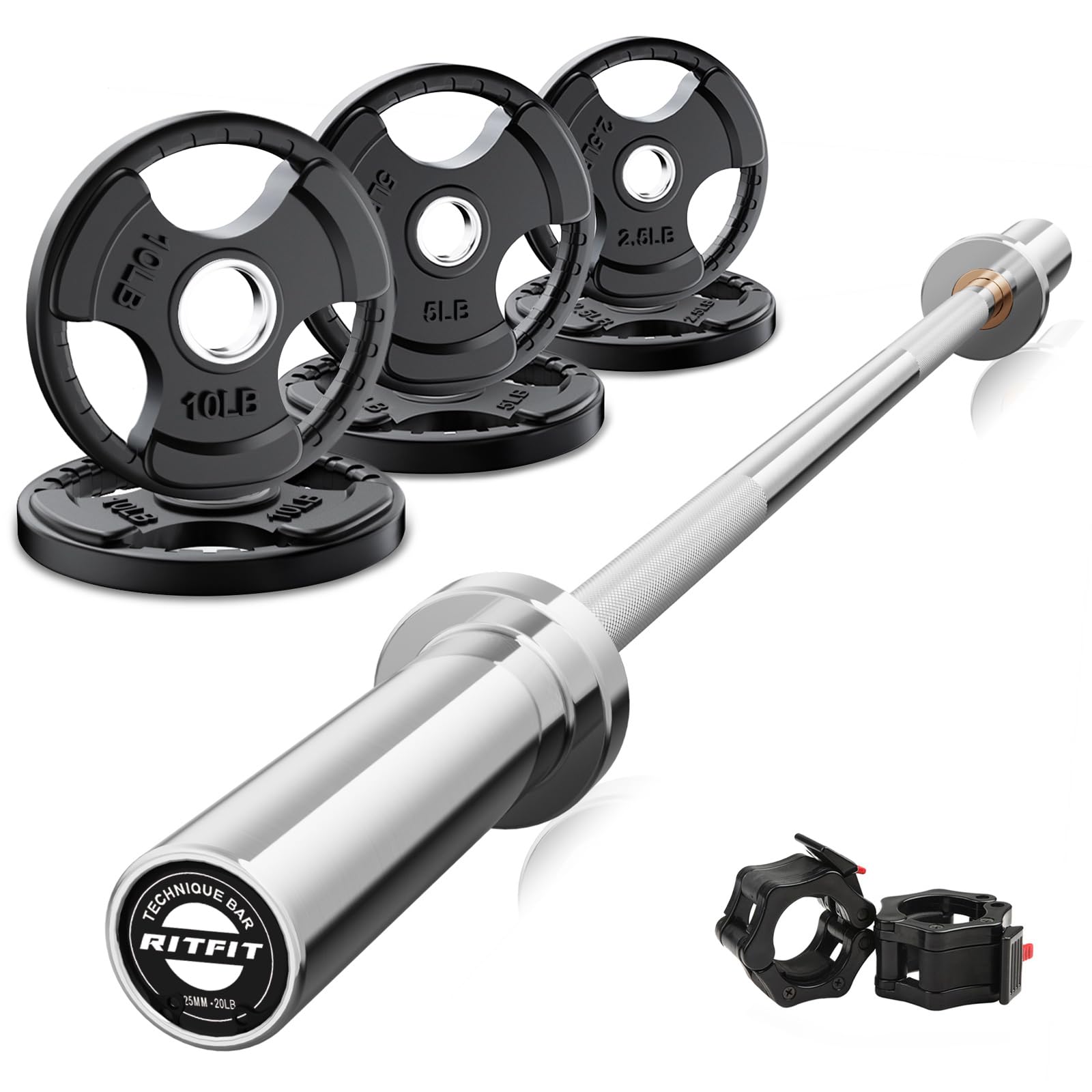 RitFit Olympic Barbell Weight Set - 4ft/6ft Strength Training Bar with 35lb/85lb Weight Plates (55-115lb Total) - Home Gym Equipment for Squats, Deadlifts, Bench Press & Strength Training - Perfect for Garage Gym, CrossFit & Powerlifting Workouts