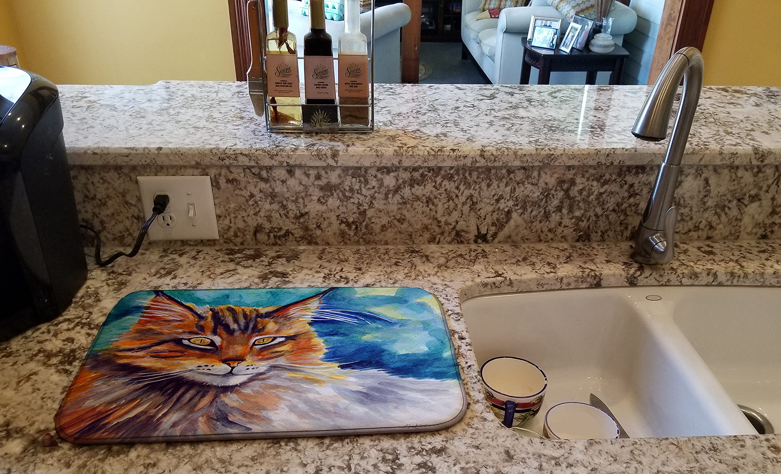 Maine Coon Cat Dish Drying Mat - Absorbent Kitchen Counter Pad for Dishes, 14x21