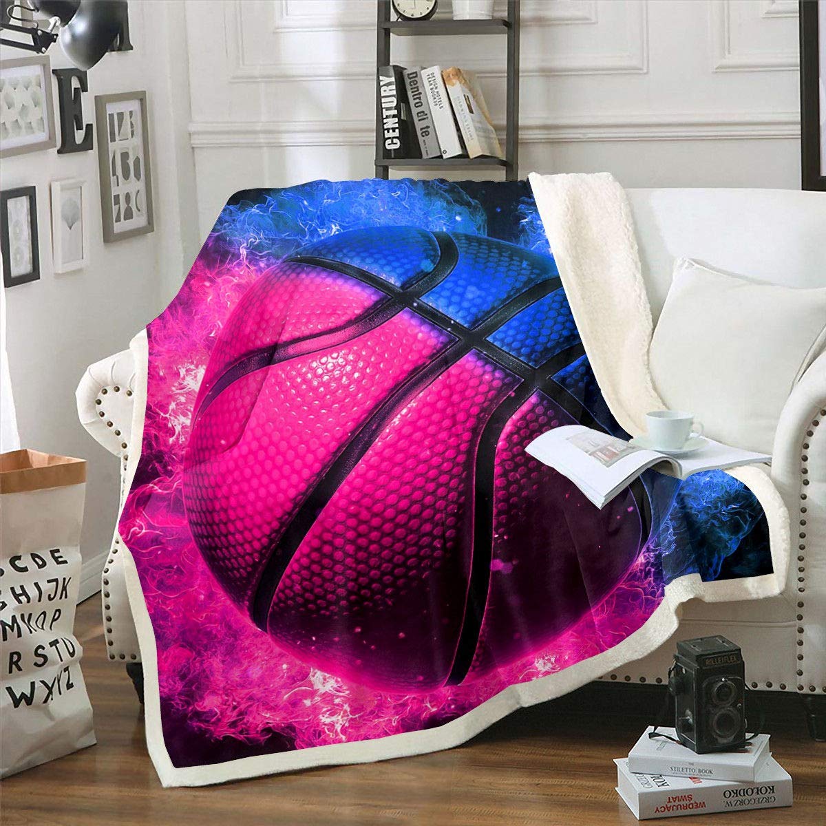 Boys Basketball Fleece Blanket 60x80 Inches - Soft Sherpa Throw for Kids Room, Sports Decor, Twin Size in Red & Blue - Perfect for Game Nights, Bedroom, and Cozy Sofa Lounging