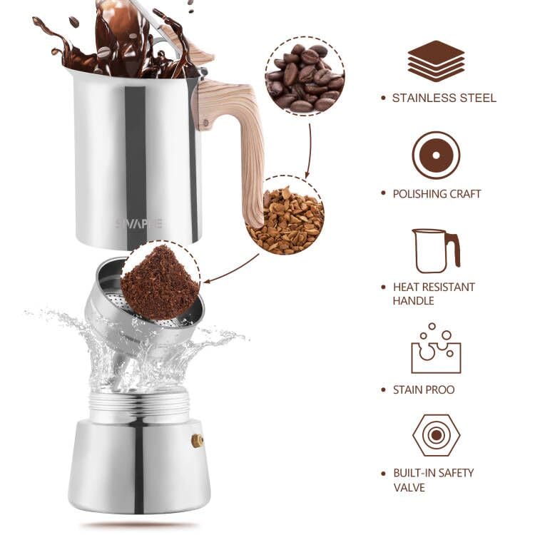 Sivaphe 3.5 oz Stovetop Espresso Maker - Stainless Steel Moka Pot for Induction Cooktops, 1-2 Cup Italian Coffee Maker (100ml) with Step-by-Step Guide - Perfect for Home, Office, Camping & Travel Use (1 Cup=50ml)
