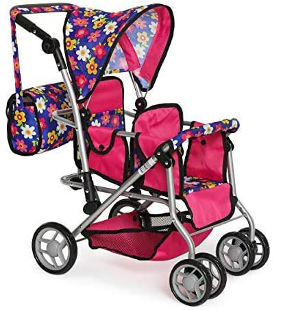 Pink Polka Dot Twin Doll Stroller with Adjustable Handle & Swivel Wheels - Includes Matching Diaper Bag - Perfect for Toddler Role Play, Pretend Play, and Outdoor Walks (Flower Design)