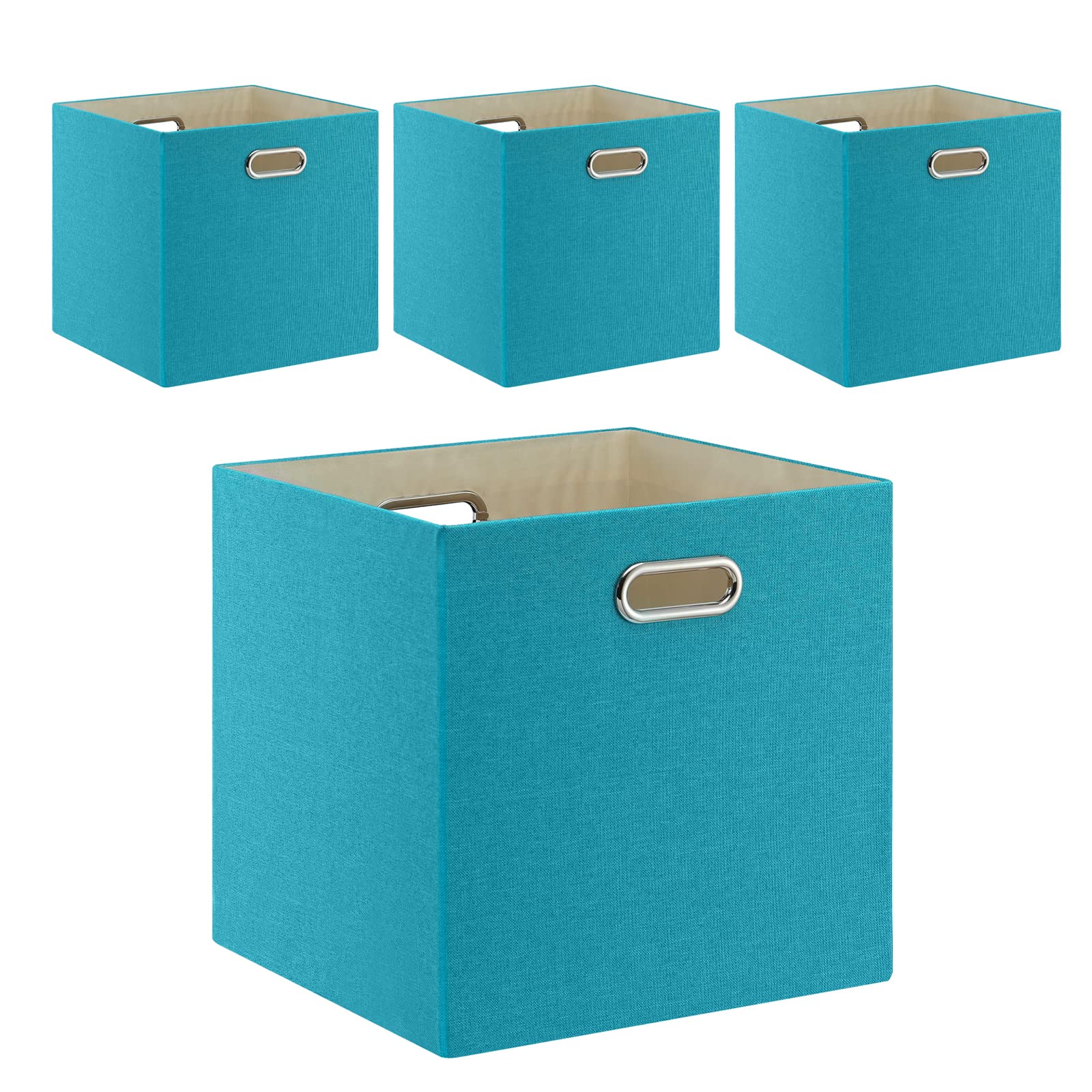 Foldable Cube Storage Bins 13×13 Inches - Set of 4 Collapsible Fabric Organizer Baskets with Handles, Large Capacity Closet & Shelf Organizers for Bedroom, Office, Nursery - Lake Blue Home Organization Solution