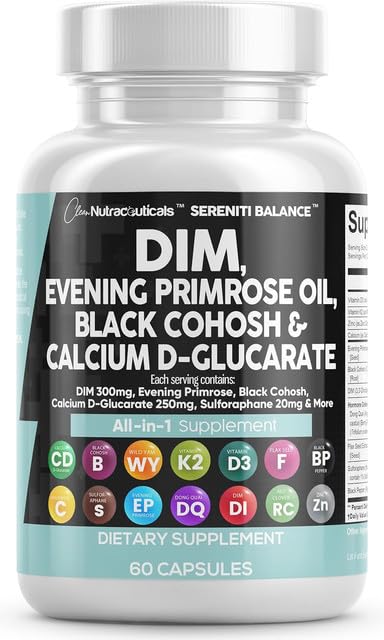 Clean Nutraceuticals DIM Complex for Women - Evening Primrose, Black Cohosh, Calcium D-Glucarate, Sulforaphane & Flax Seed Extract with Dong Quai - 60 Capsules for Hormonal Balance & Menopause Support - Perfect for PMS Relief & Natural Wellness