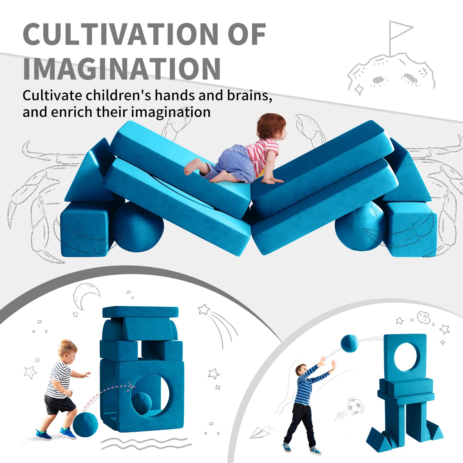 **12PCS Modular Kids Play Couch with 2 Balls & Tunnel – Foldable Toddler Sofa for Playroom, Kickball, Pitching & 30+ Creative Games – Indoor/Outdoor Fun (Blue)**    *(Use Cases: Perfect for playrooms, birthday parties, indoor forts, outdoor picnics, and imaginative play!)*