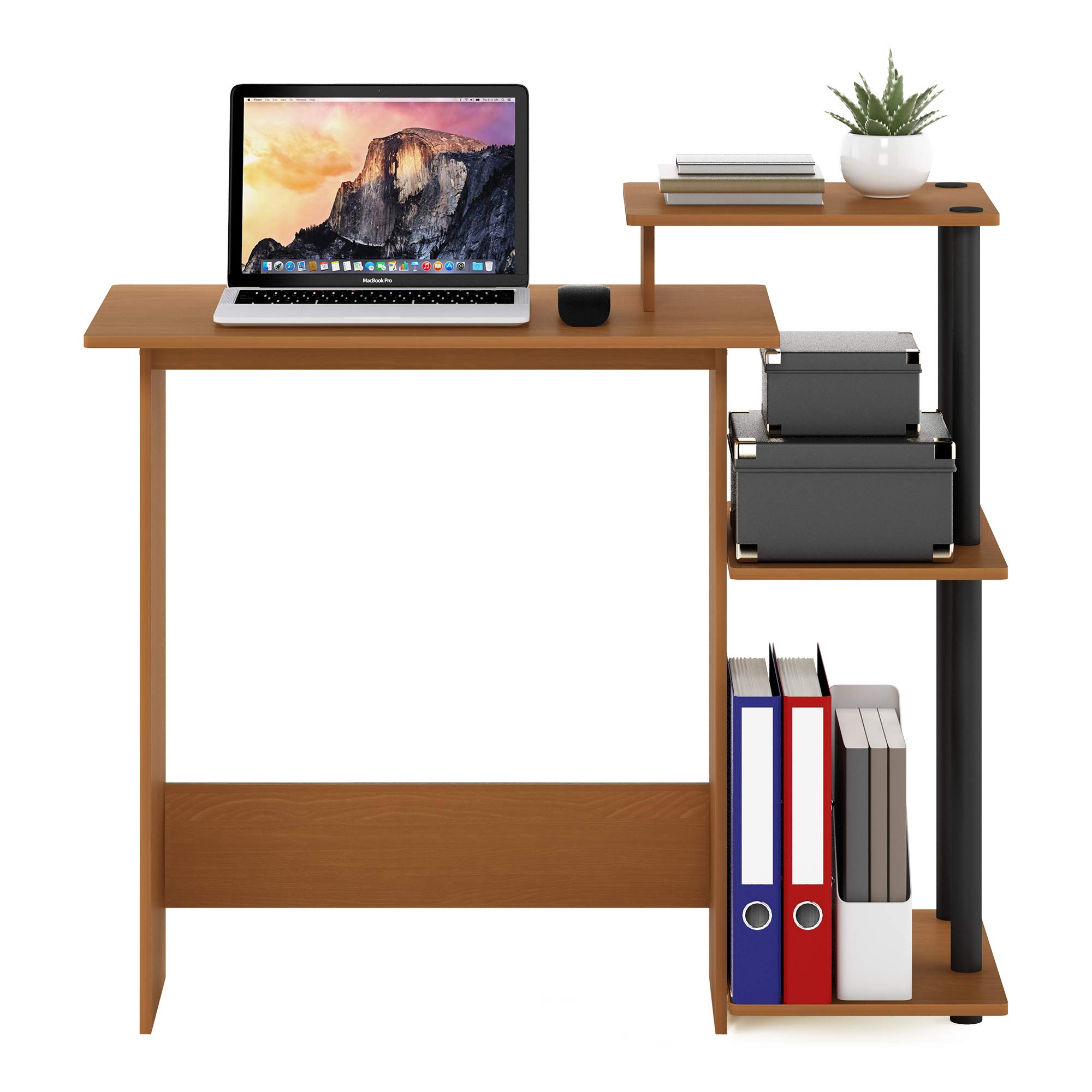 Furinno Efficient Home Office Laptop Desk with Square Shelves - Light Cherry/Black | Compact Computer Workstation for Small Spaces, Dorm Rooms & Home Offices