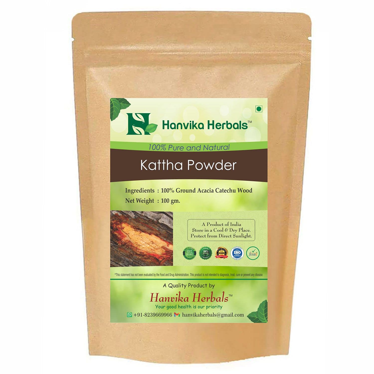 Hanvika Herbals Kattha Powder - 100% Pure Ground Acacia Catechu Wood (100g) | Natural Dye for Hair & Fabric | Traditional Ayurvedic Ingredient for Paan & Herbal Remedies