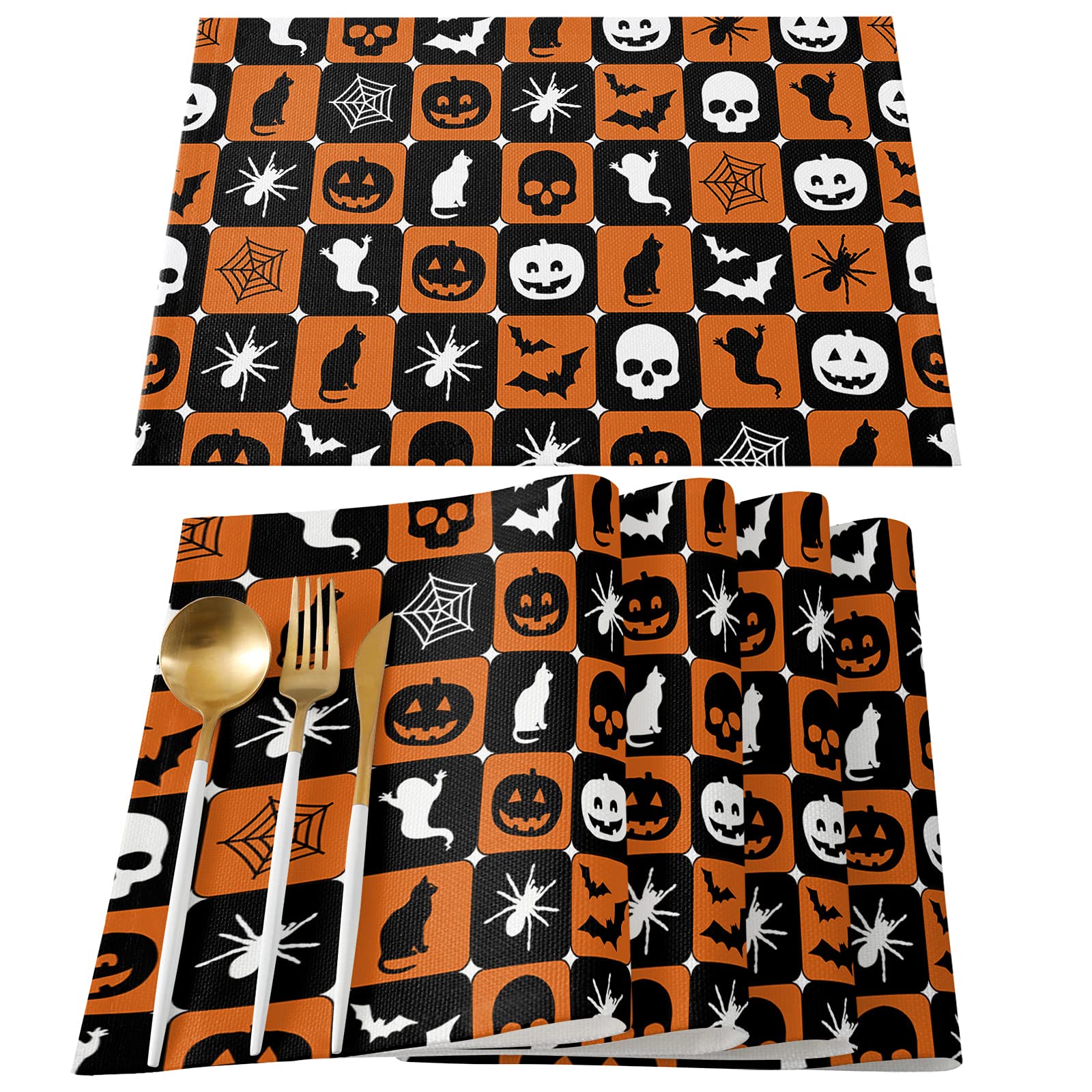 6-Pack Cotton Linen Placemats - Halloween Pumpkin Ghost Bat Design in Black, White & Orange | Non-Slip, Washable & Heat Resistant | Perfect for Kitchen Dining Tables, Holiday Decor & Fall Home Decor