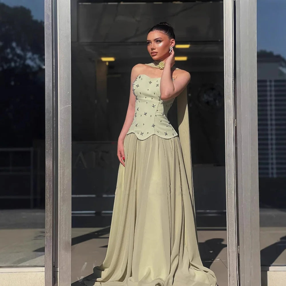Elegant Sage Green Strapless A-Line Chiffon Evening Dress LA73073 for Prom, Wedding, Cocktail Party & Formal Events