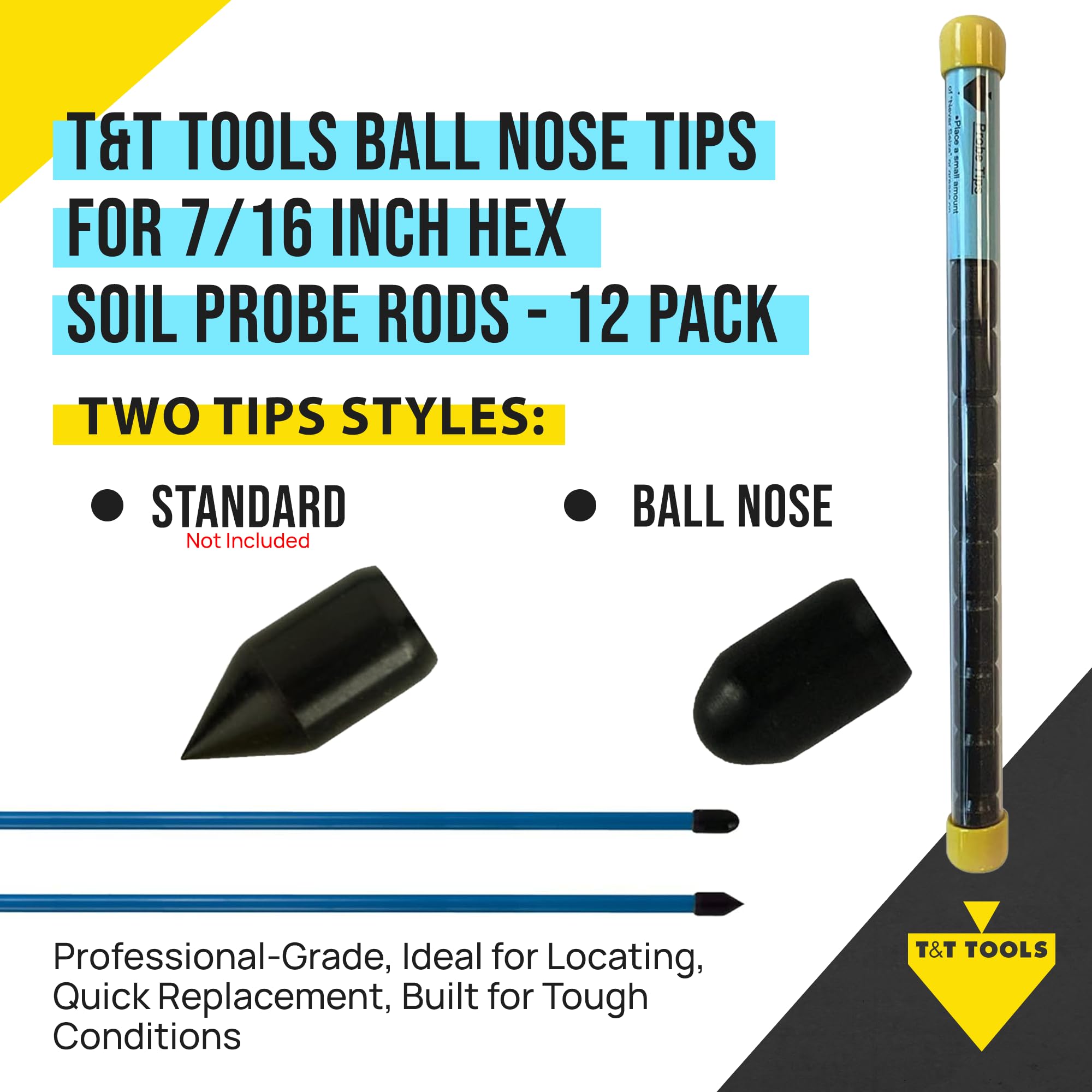 T&T Tools 7/16 Inch Ball Nose Tips - Replacement Tips for Smart Stick, Mighty Probe & Metal Rods (12-Pack) | Septic Tank, Plumbing & Landscaping Tools | Perfect for Ground Probing, Soil Testing & Drain Maintenance